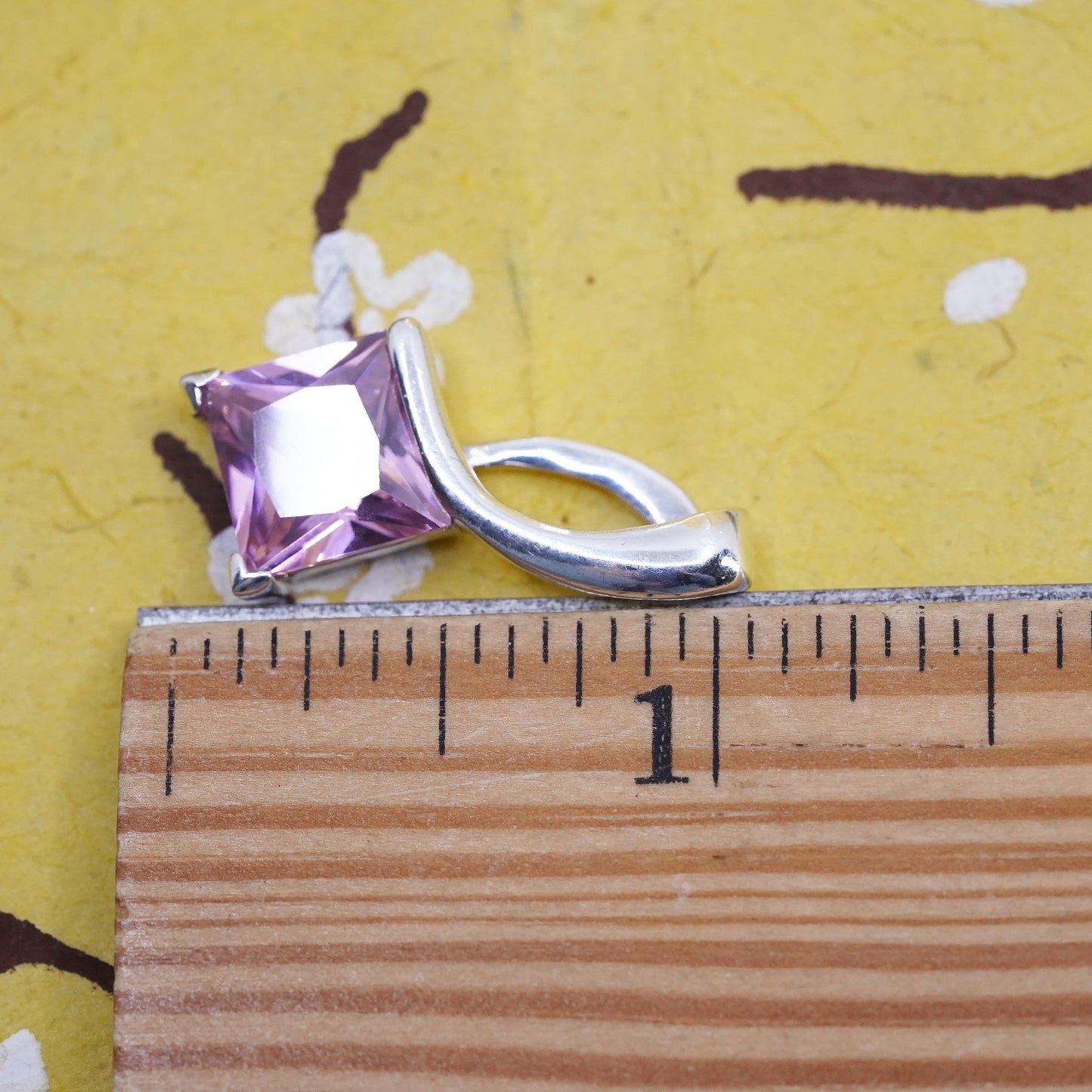 Vintage Sterling 925 silver handmade square pendant with pink crystal