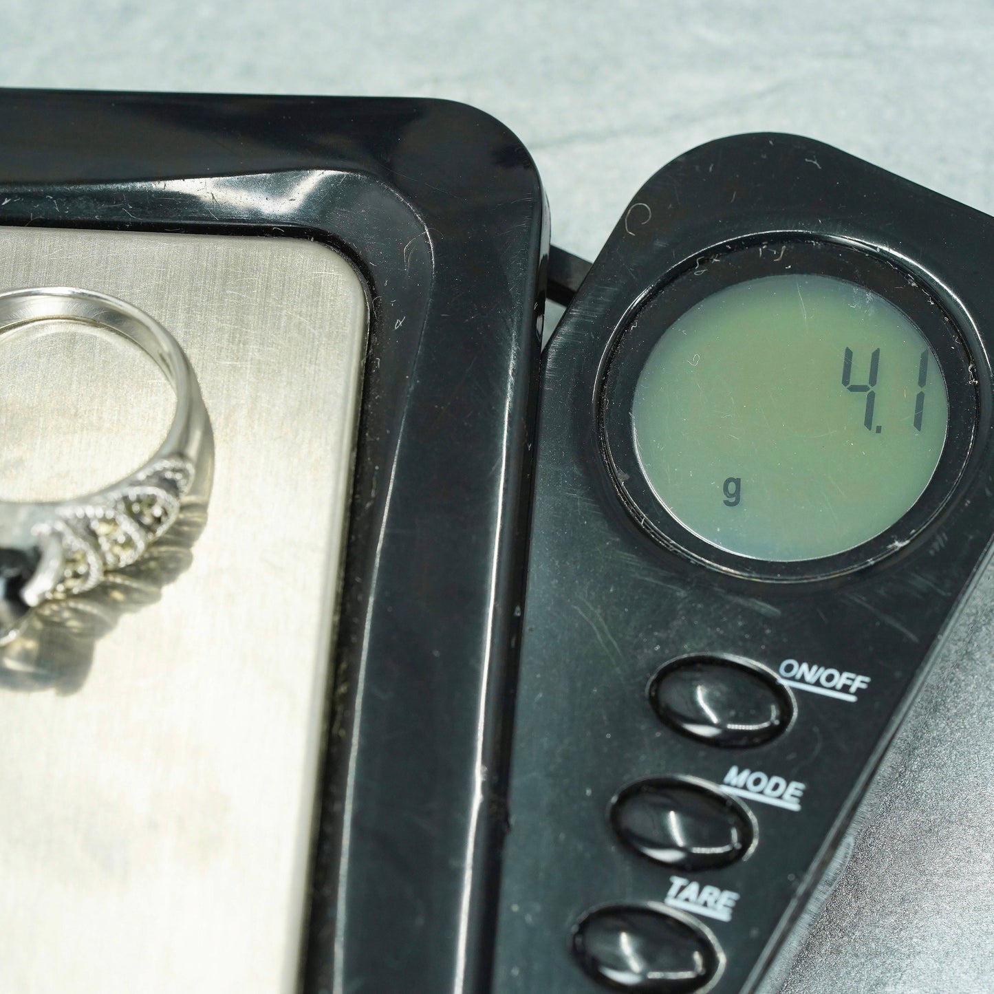 Size 5.5, Sterling 925 silver heart handmade ring with onyx and marcasite