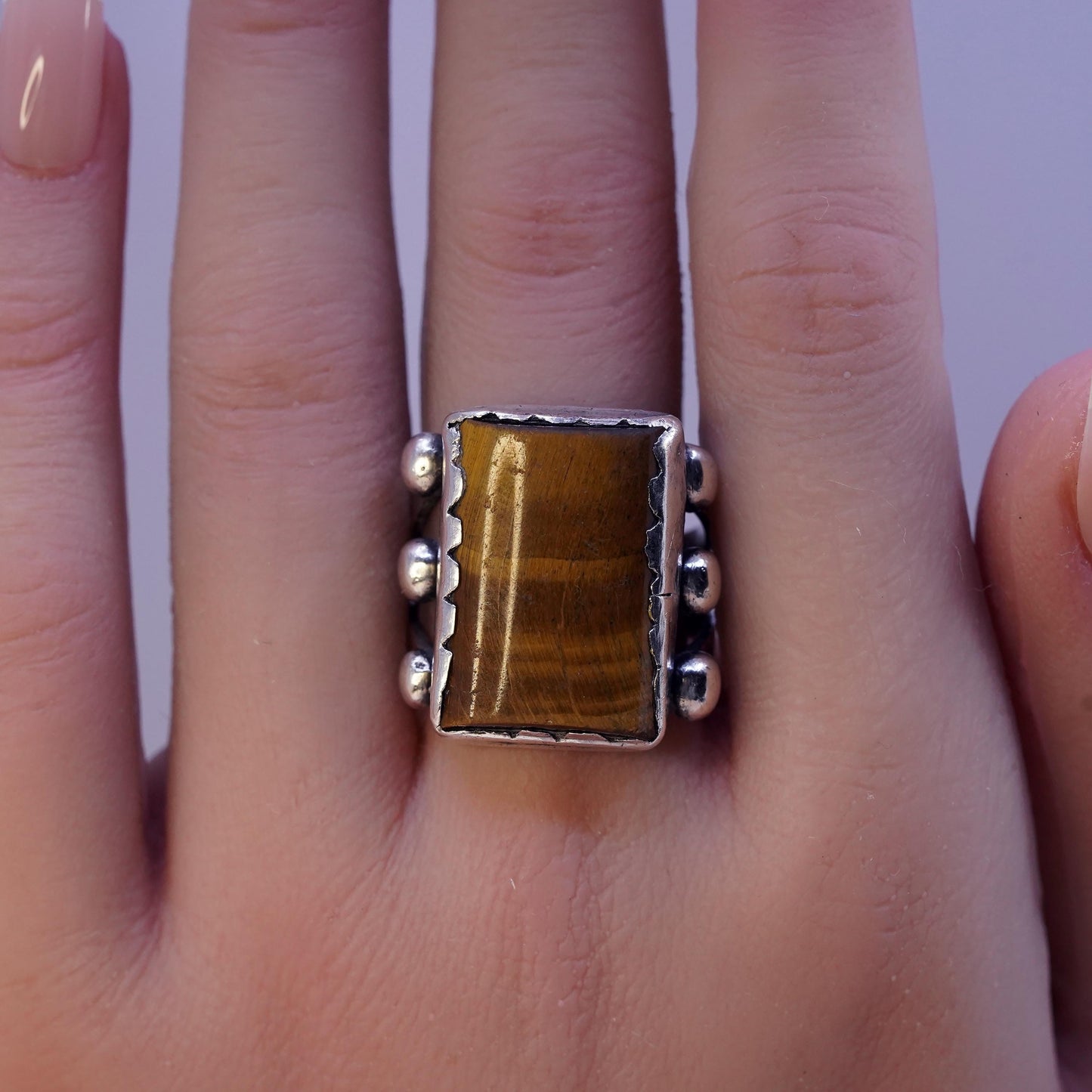 Size 7.75, vintage Sterling 925 silver handmade ring golden tiger eye and beads