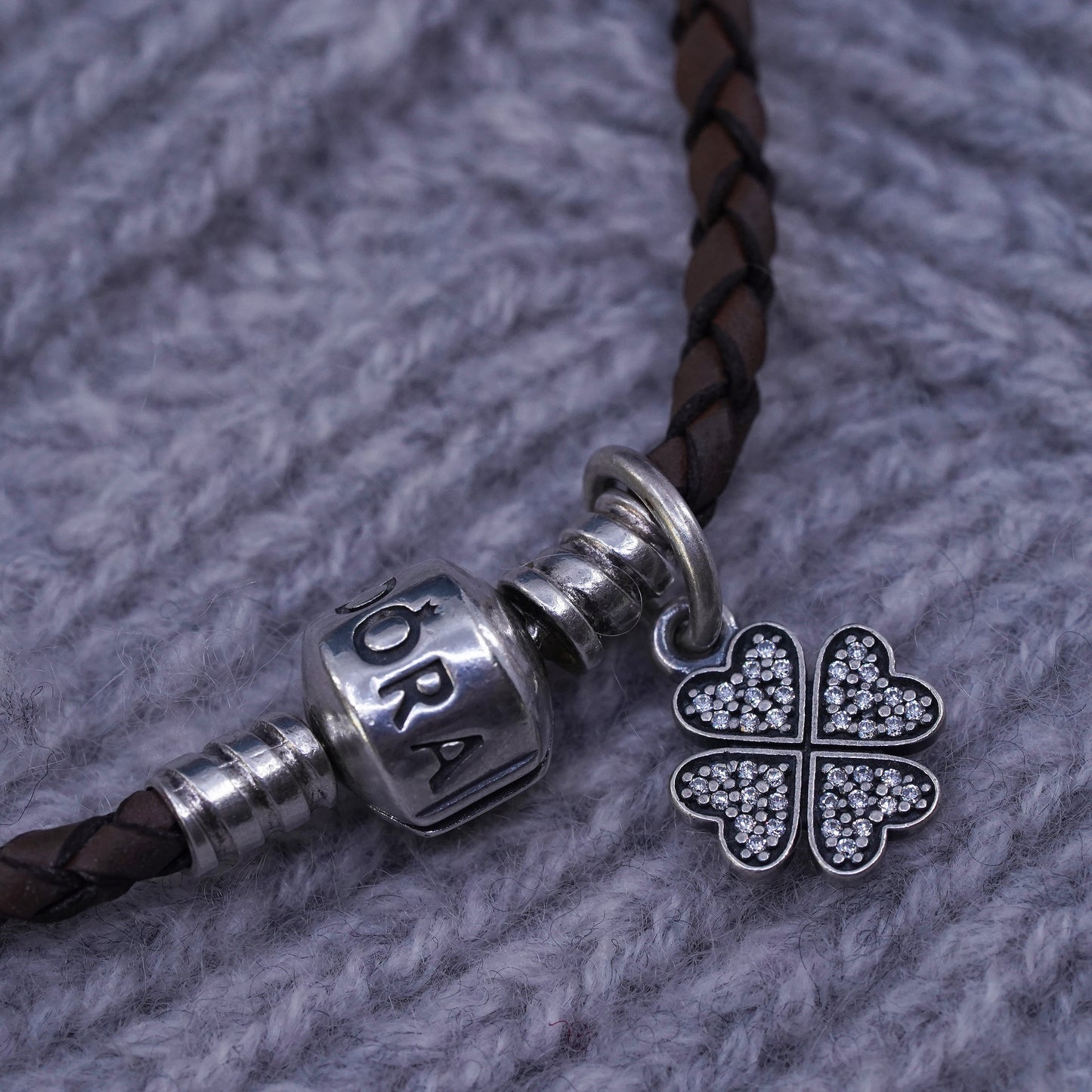 6.5", Pandora ALE sterling 925 silver woven leather chain bracelet lucky charm