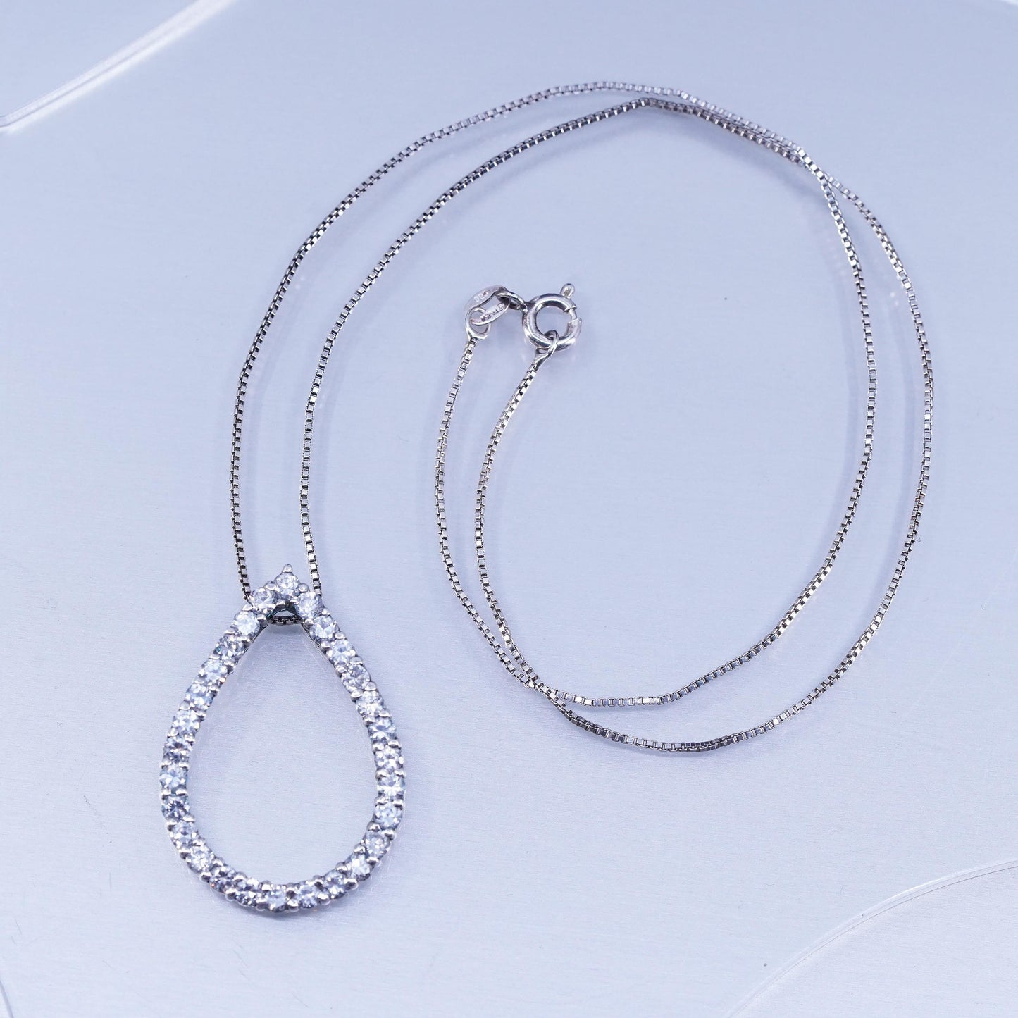 18”, vintage Sterling 925 silver handmade box necklace with teardrop cz pendant