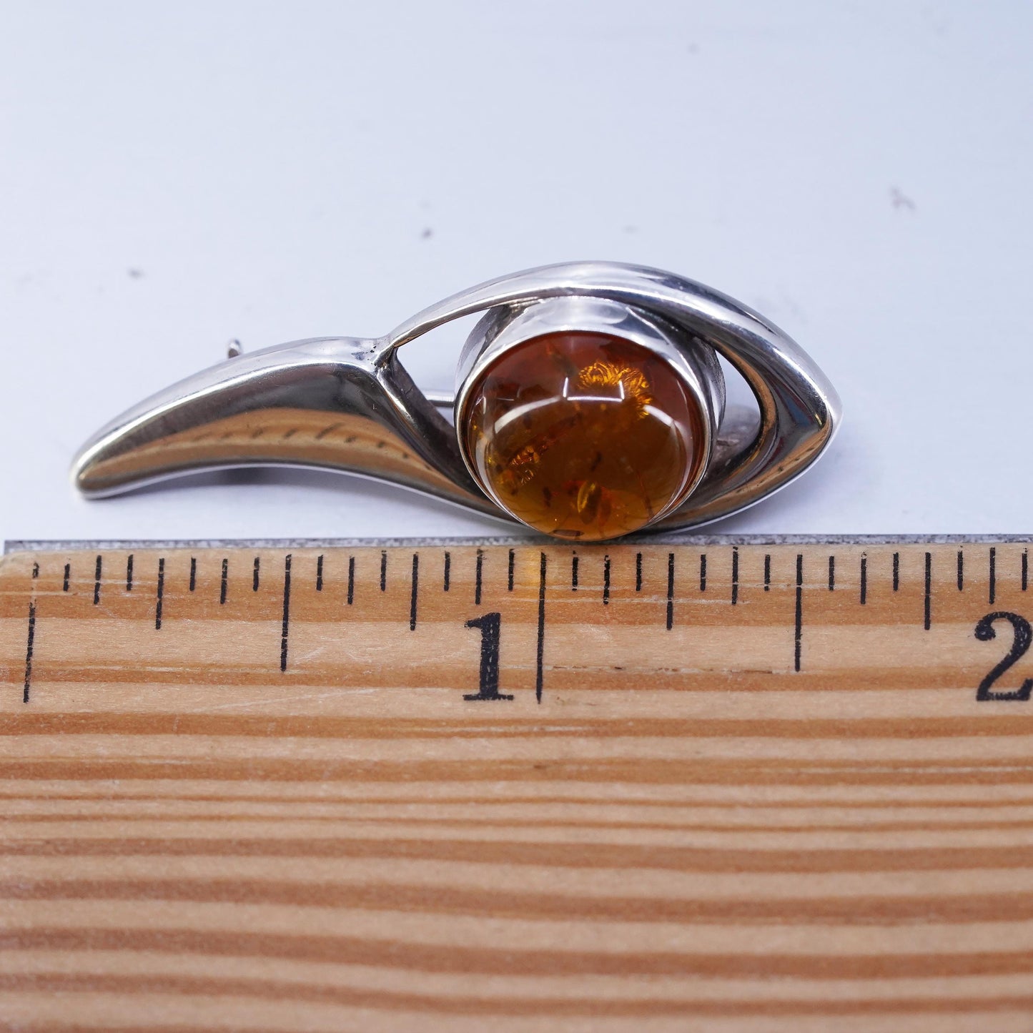 Vintage modernist Sterling 925 silver handmade brooch, pin with amber