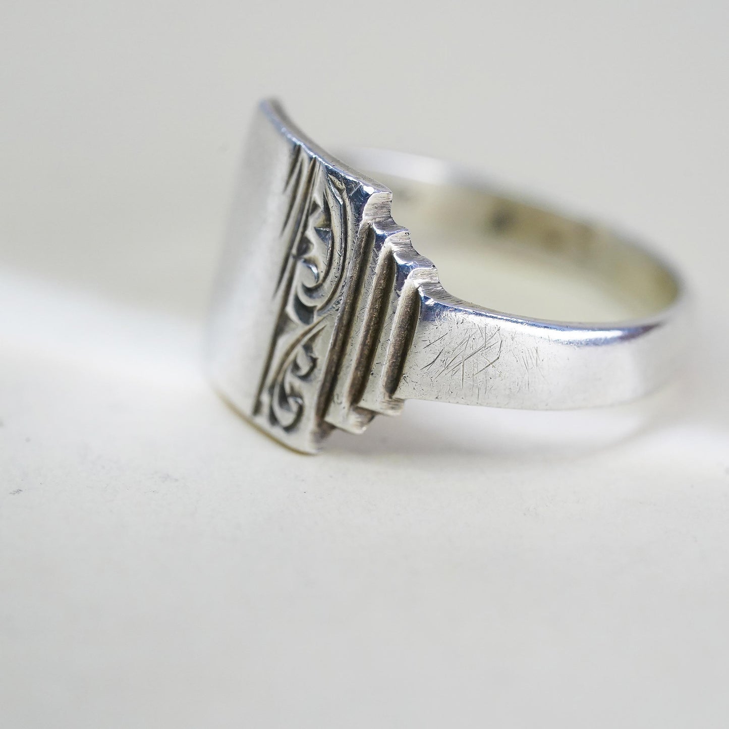 Size 9.5, Vintage Sterling Silver Signet Ring, Art Deco Engraved Ring, Unisex