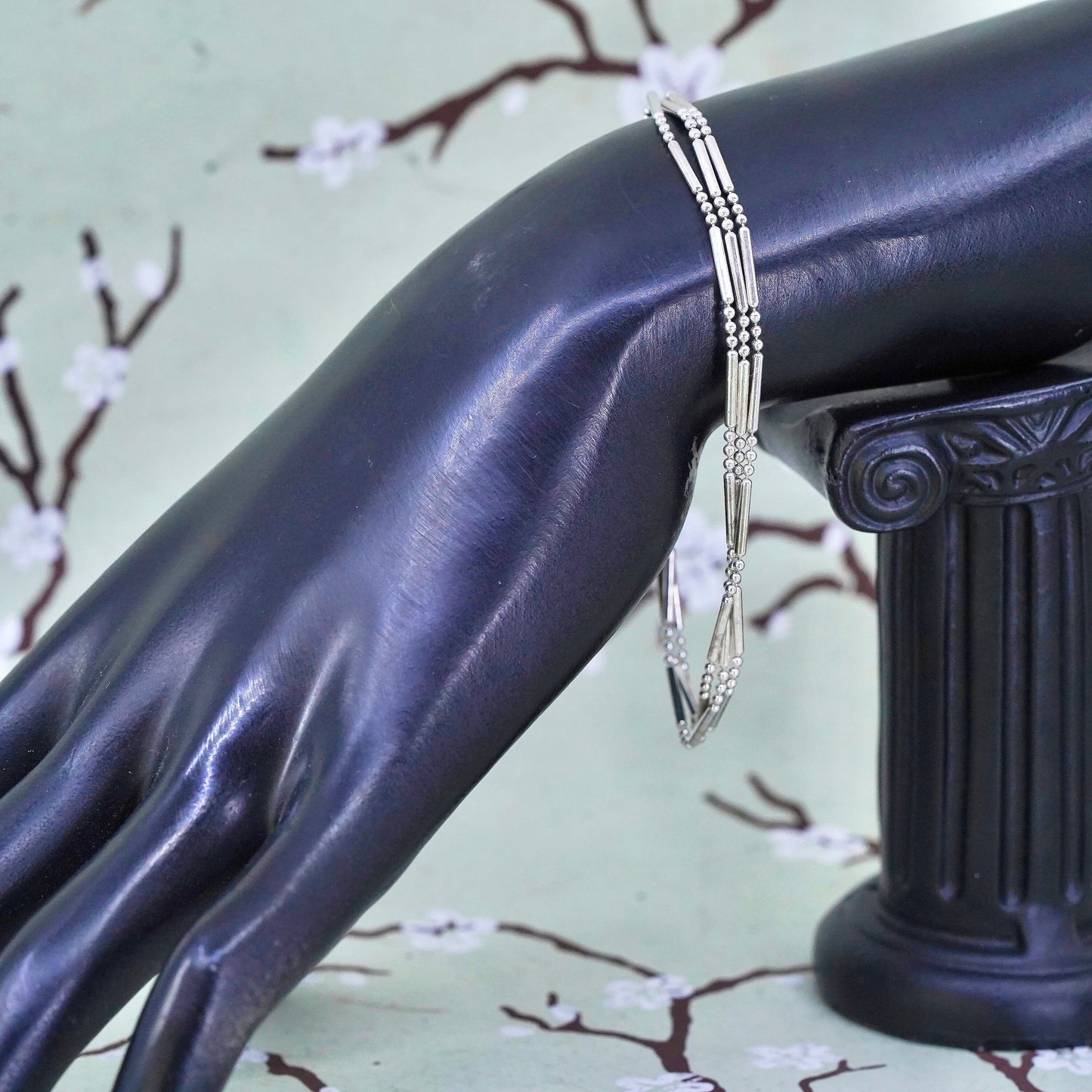8”, Vintage sterling silver multi strands bracelet, 925 beads with bar chain