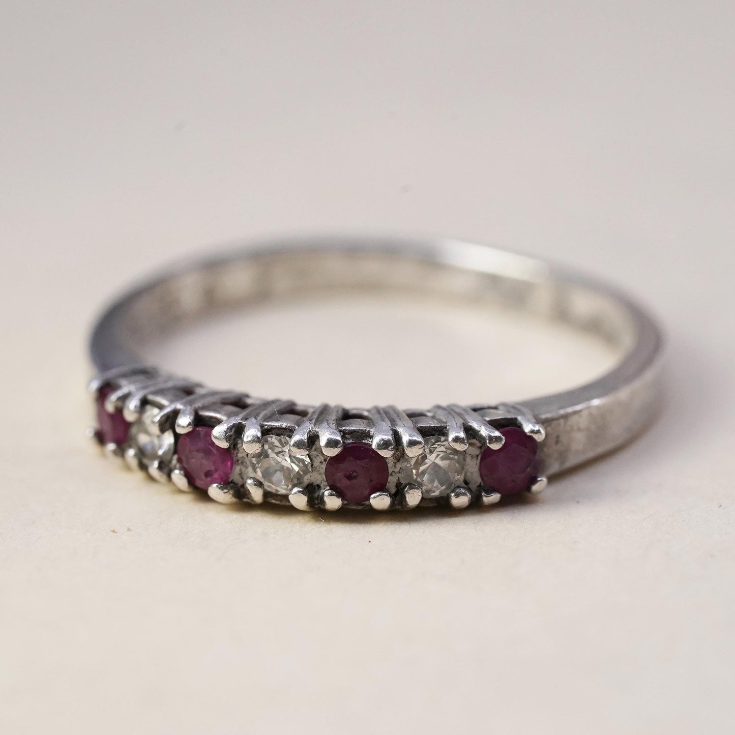 Size 9.25, Vintage sterling 925 silver handmade stackable ring with ruby and cz