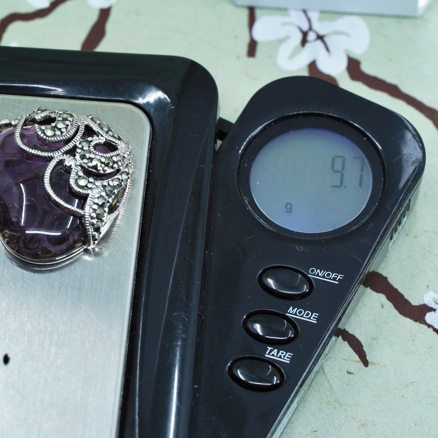 SLC sterling silver pendant, 925 filigree with marcasite purple garnet heart
