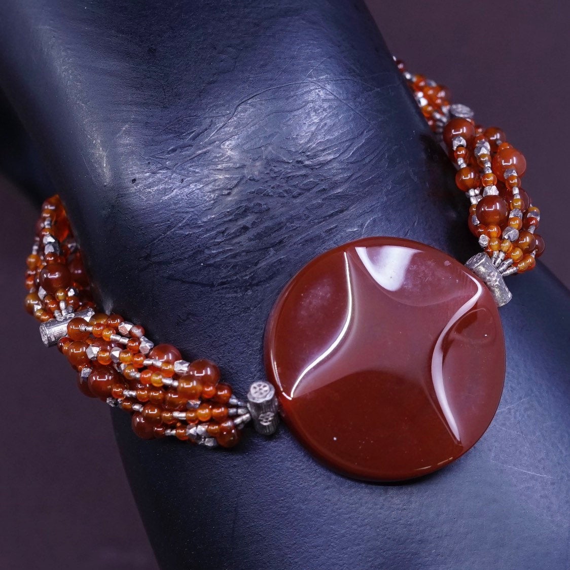 6.5”, vtg sterling silver handmade bracelet, 925 carnelian bead