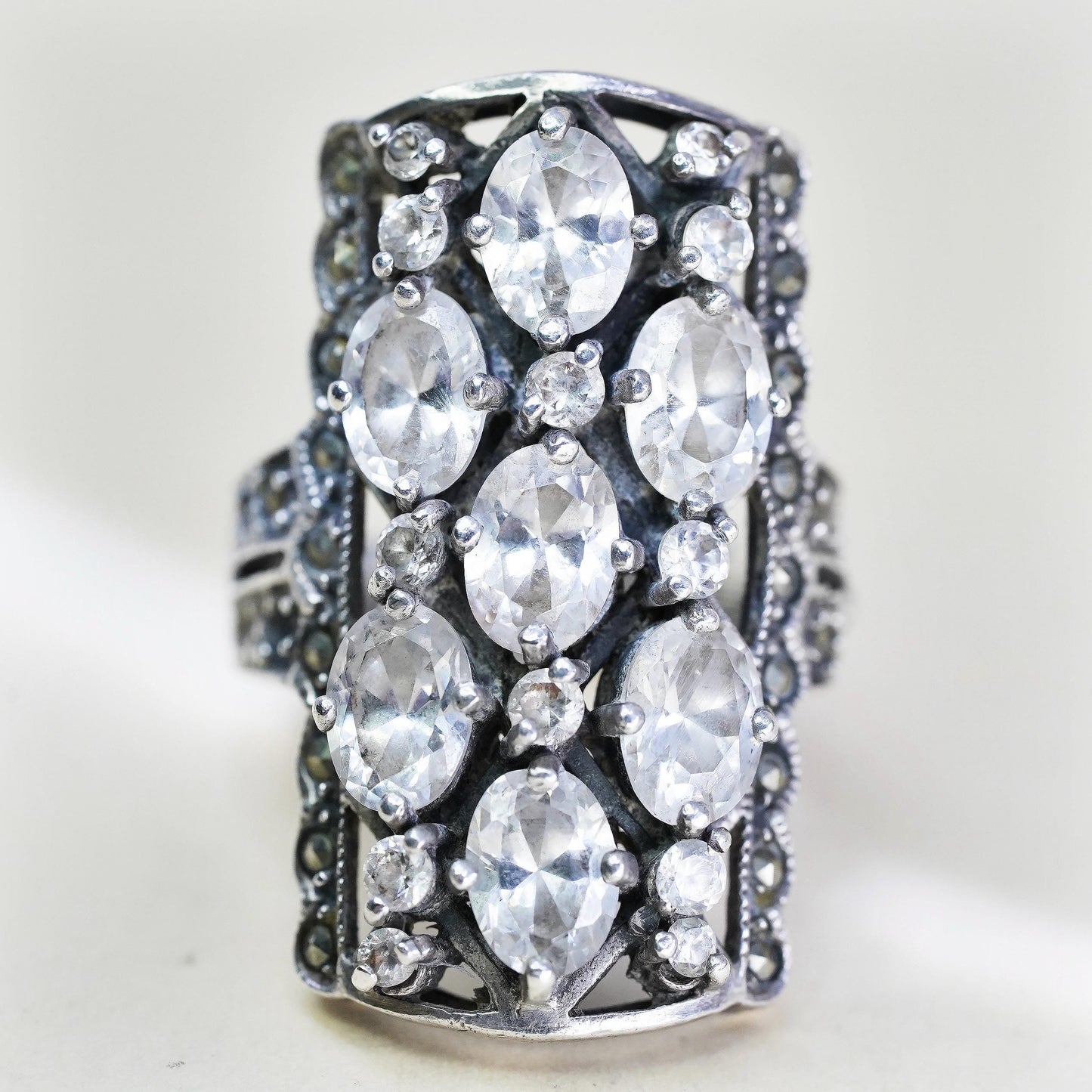 Size 7.25, 925 Sterling Silver Cluster CZ Ring, Marcasite Cocktail, Wide Band