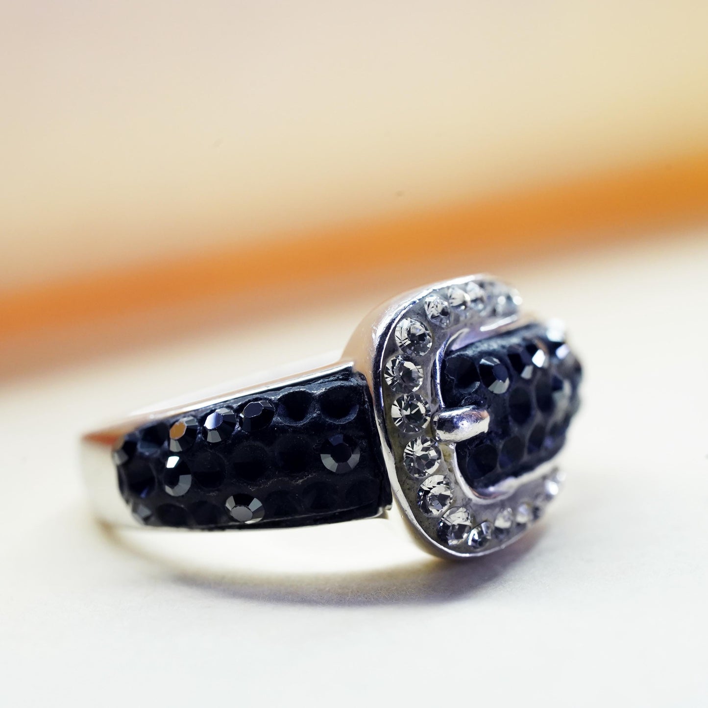 Size 8, Signed AU two tone Sterling silver 925 silver belt ring with cluster cz