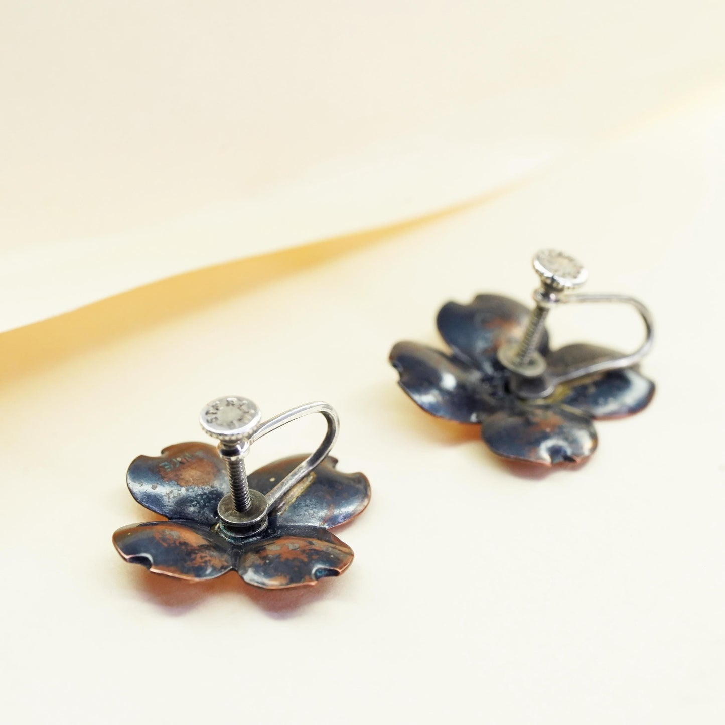 Vintage Sterling silver handmade earrings, 925 screw back copper dogwood flower