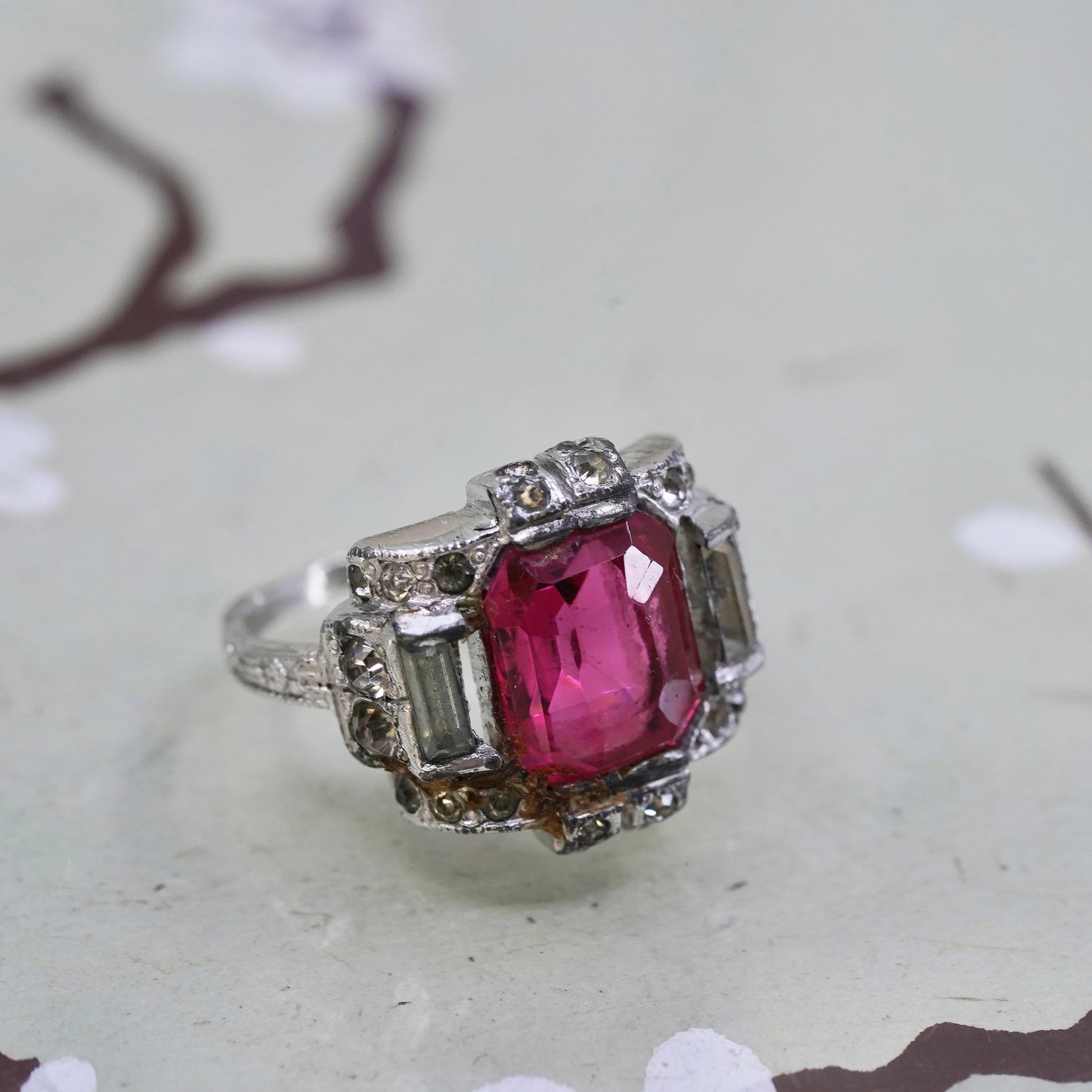 Size 5, 925 Sterling silver ring with pink Rhinestone, engagement ring