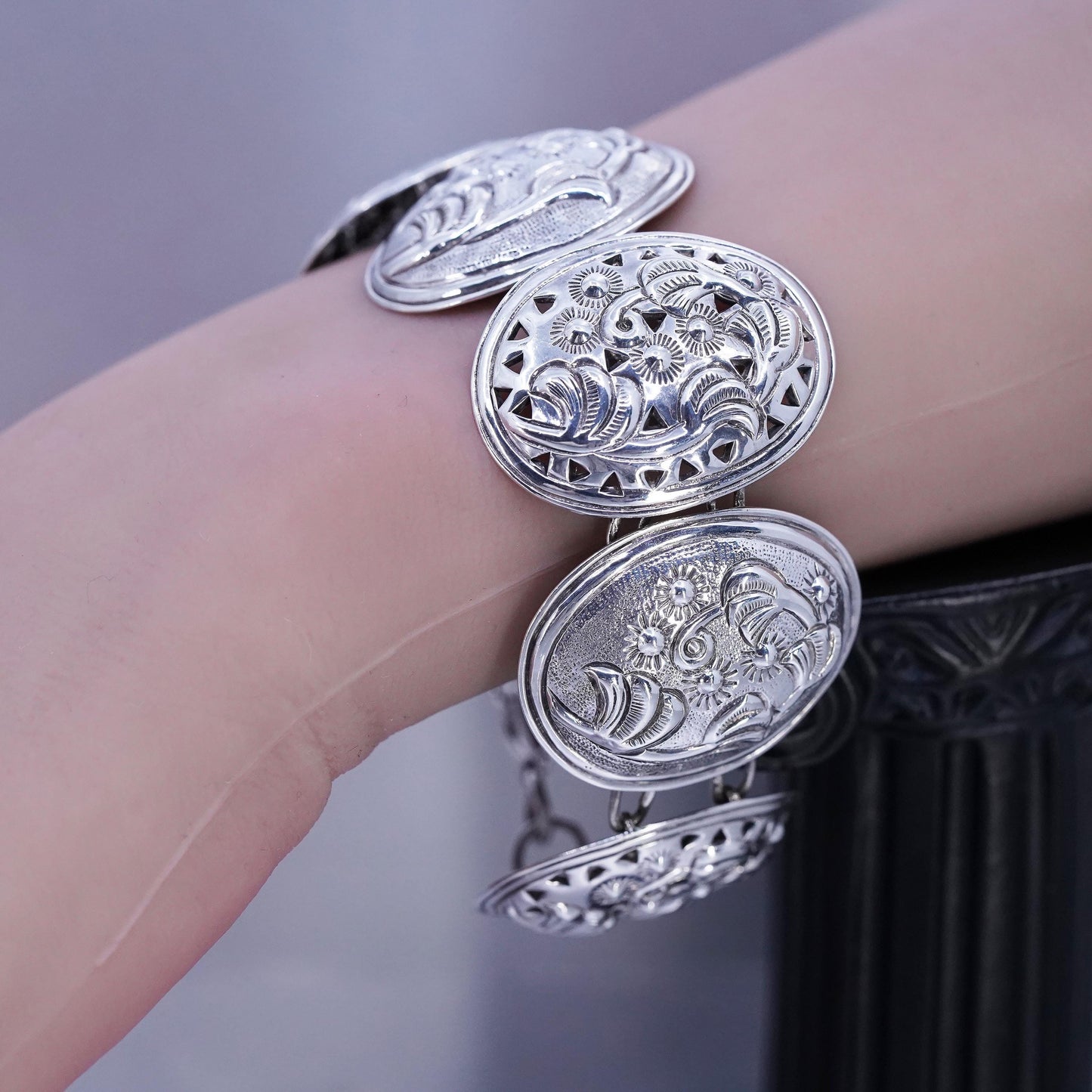 Designer DS Sterling Silver 925 Floral Oval Chain Linked 7" 6 Station Bracelet