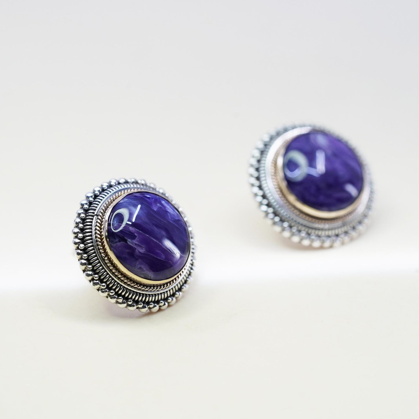 two tone Sterling Silver Charoite Earrings, Purple Stone, 925 Statement Studs