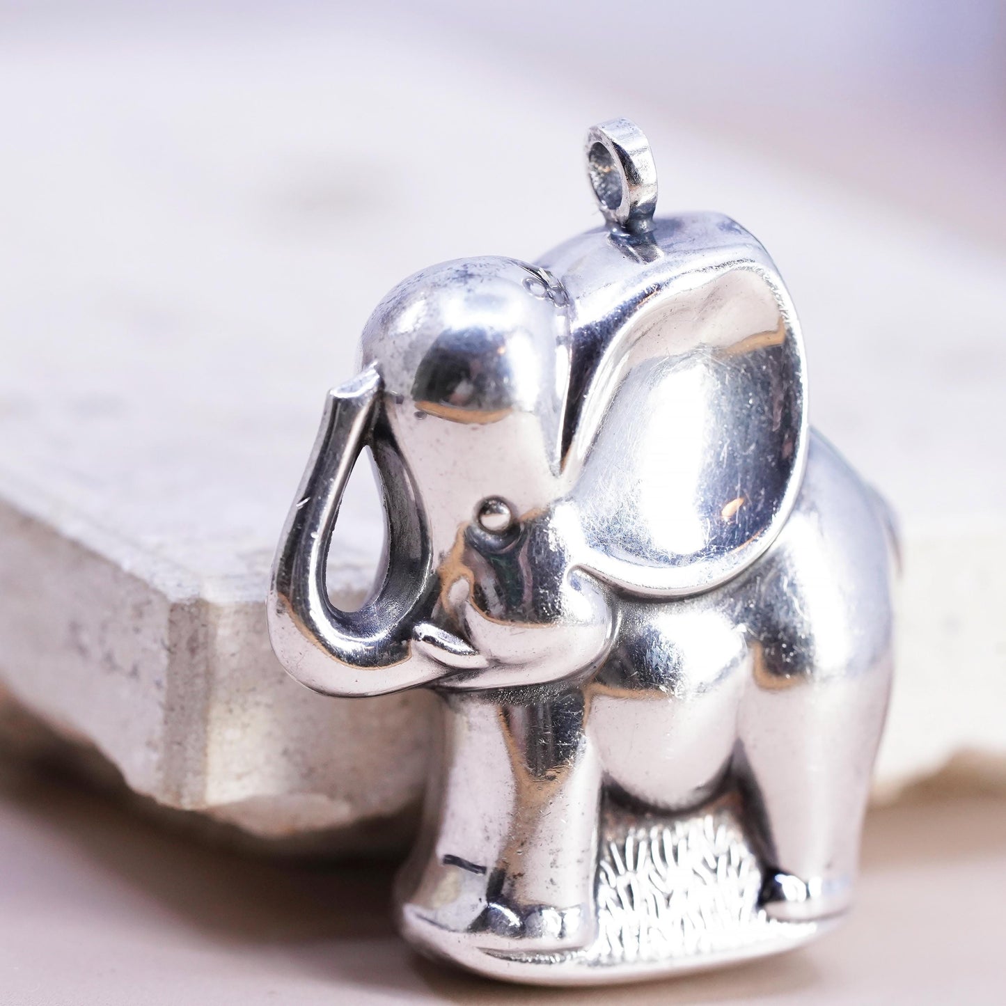 Vintage Sterling silver handmade pendant, puffy huge 925 silver elephant charm