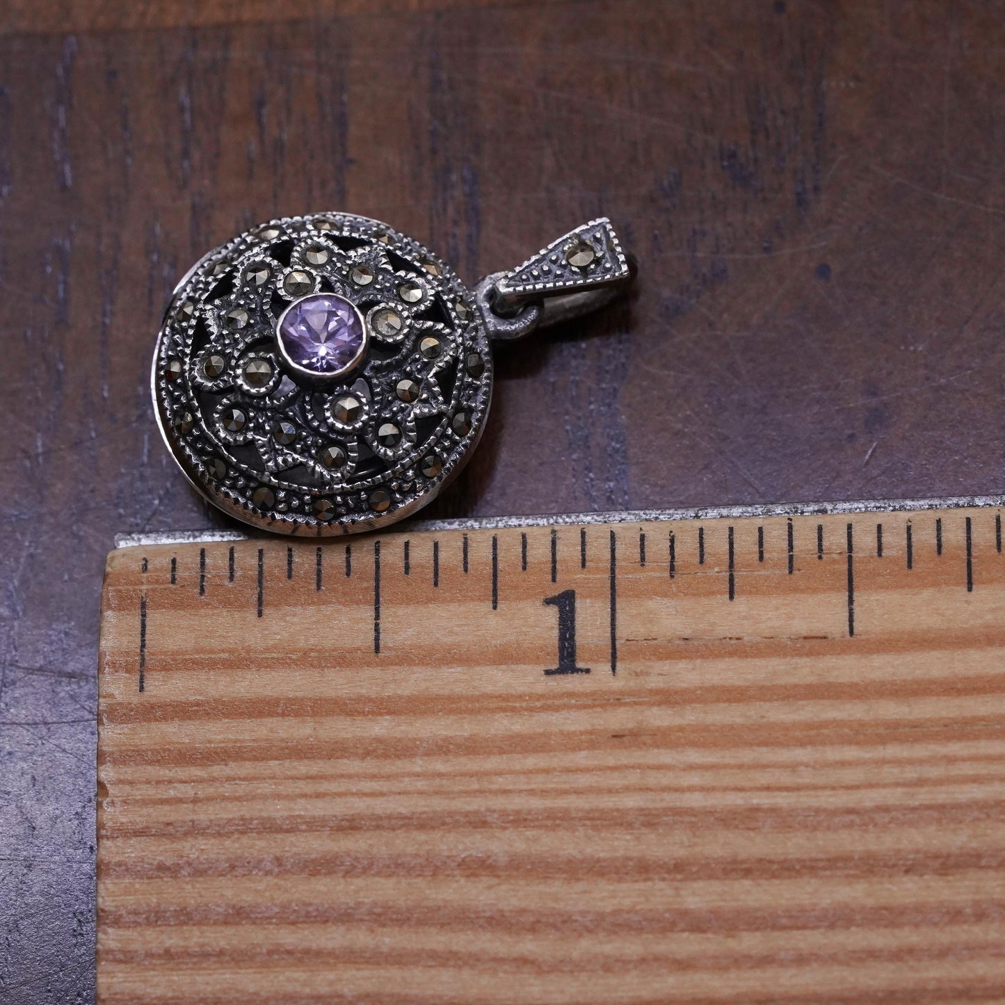 Sterling silver prayer circle locket pendant, 925 charm marcasite amethyst