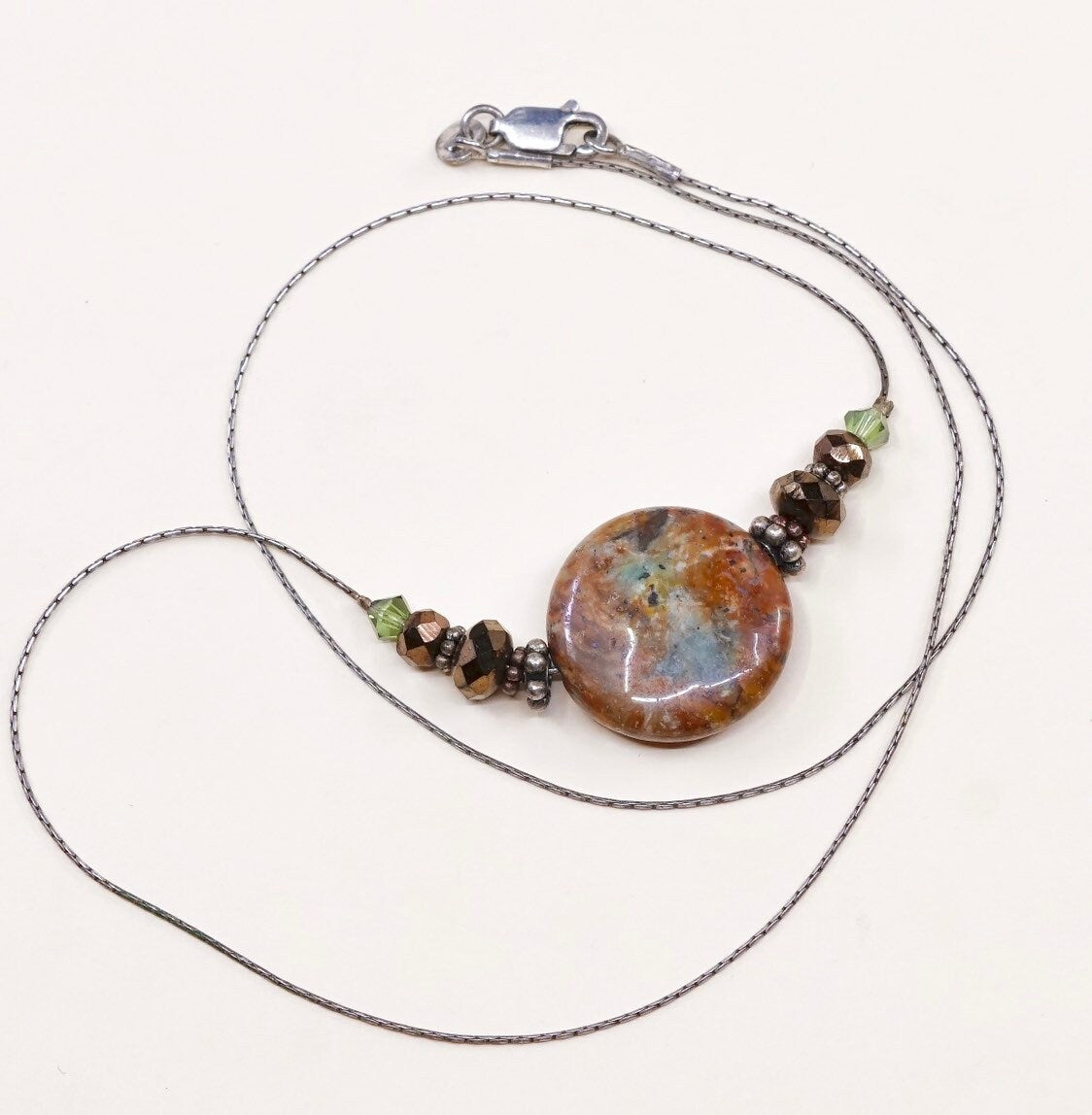 19", vintage sterling silver handmade necklace, fine 925 silver snake chain and brown agate pendant, stamped 925 italy