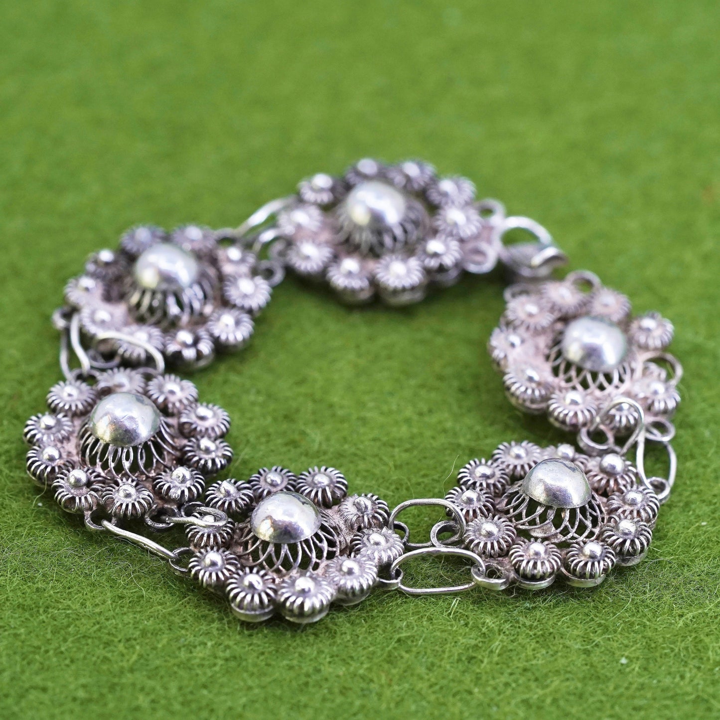 5.75", VTG sterling silver handmade bracelet, 800 filigree flower link chain