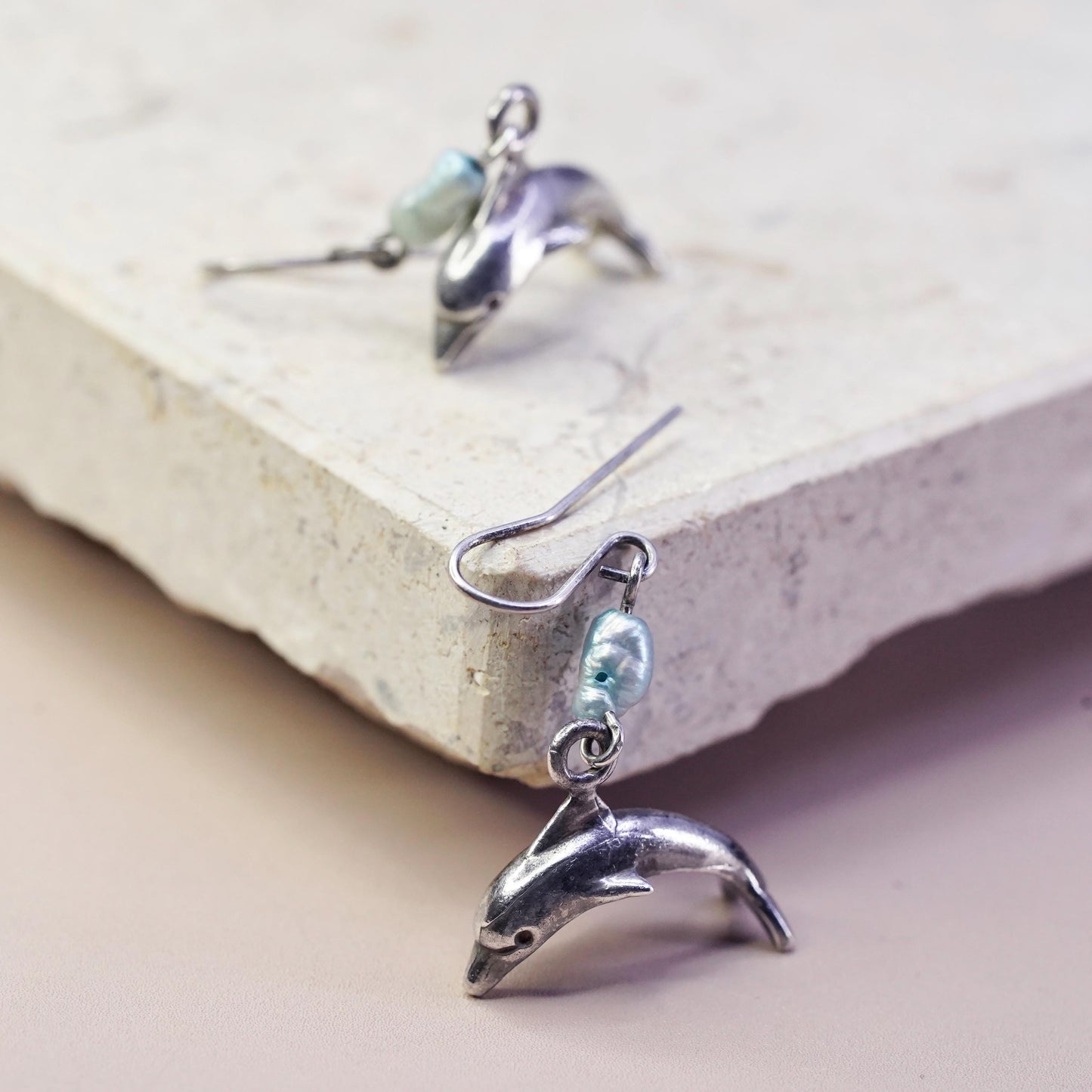 Vintage Sterling silver handmade earrings, 925 dolphin dangles blue pearl beads