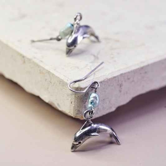 Vintage Sterling silver handmade earrings, 925 dolphin dangles blue pearl beads
