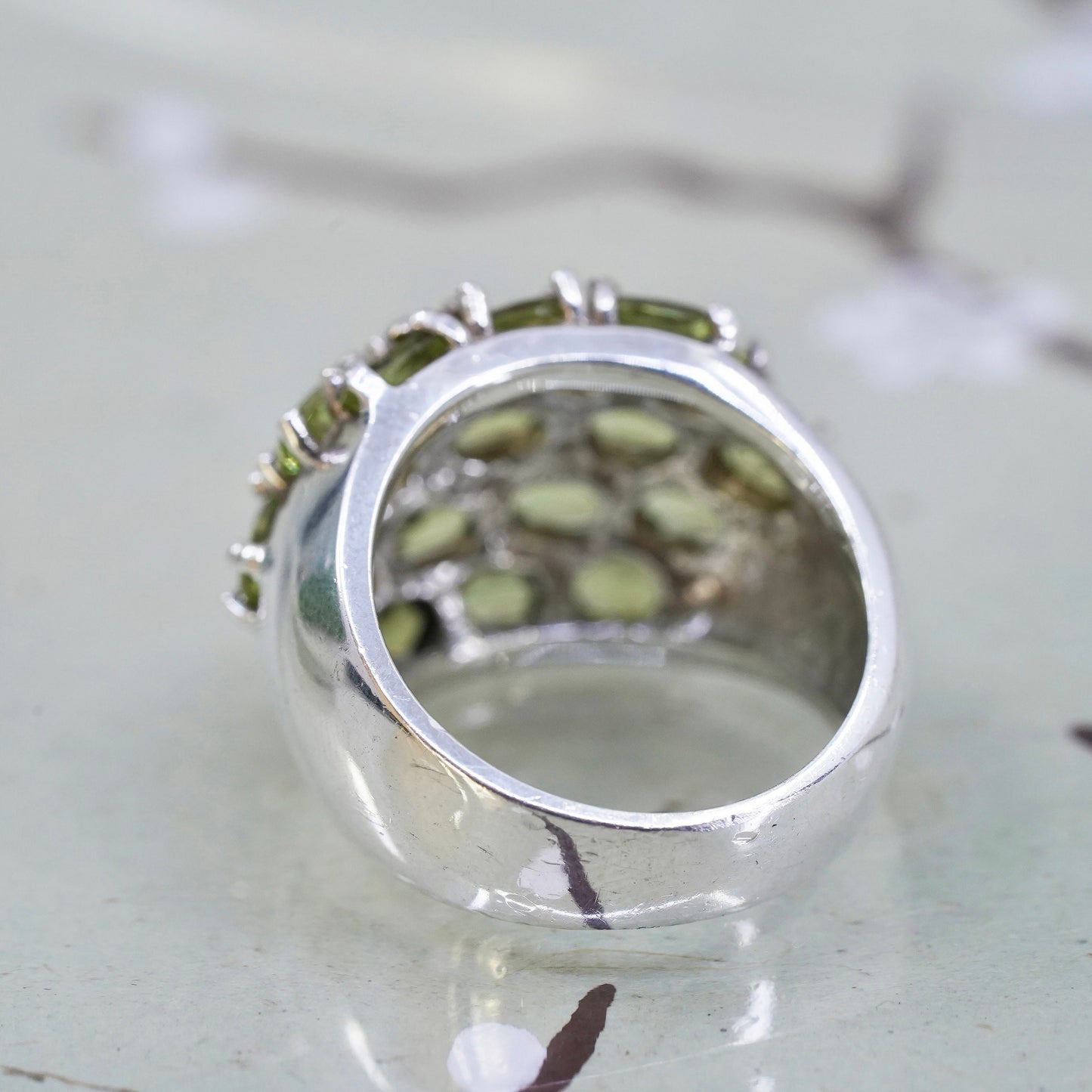 Size 7, vintage Sterling silver handmade ring, 925 band with cluster peridot