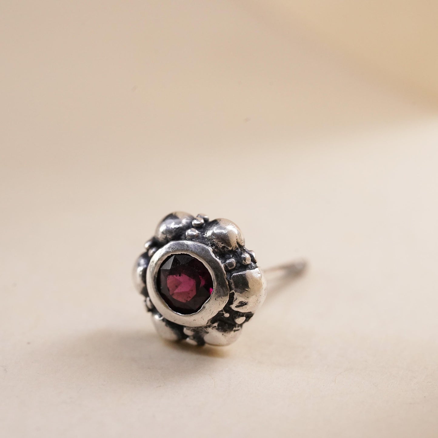 Vintage handmade single earring. Sterling 925 silver stud with garnet