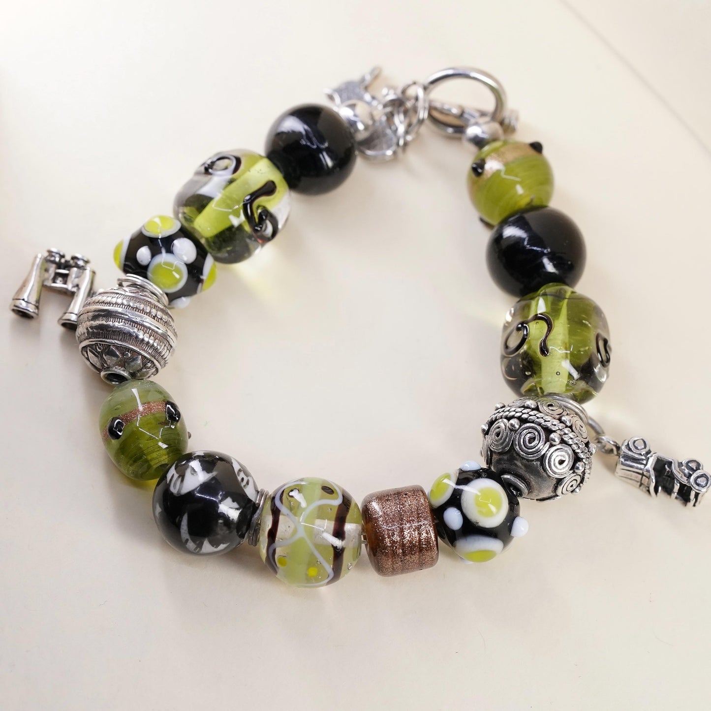 7”, Sterling 925 silver Lampwork Glass Bead Bracelet, Binoculars jeep car USA