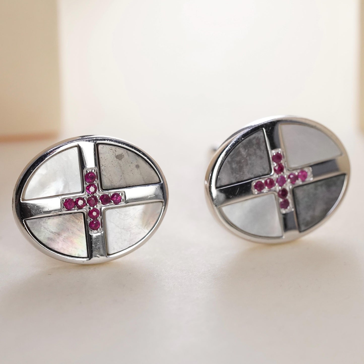 Vintage LG fine sterling silver cuff links 925 ruby cross cufflinks MOP abalone