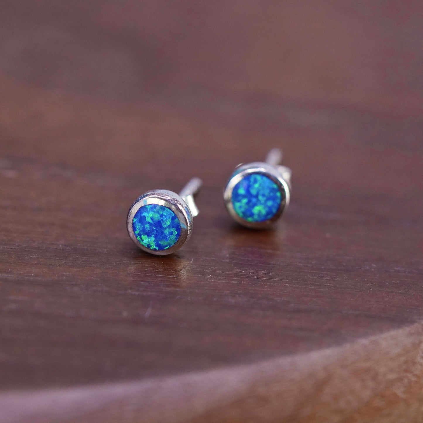 Vintage sterling silver handmade earrings, 925 round studs with opal inlay