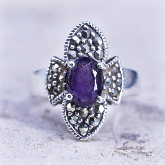 Size 5, Vintage Sterling 925 silver handmade ring with amethyst and marcasite