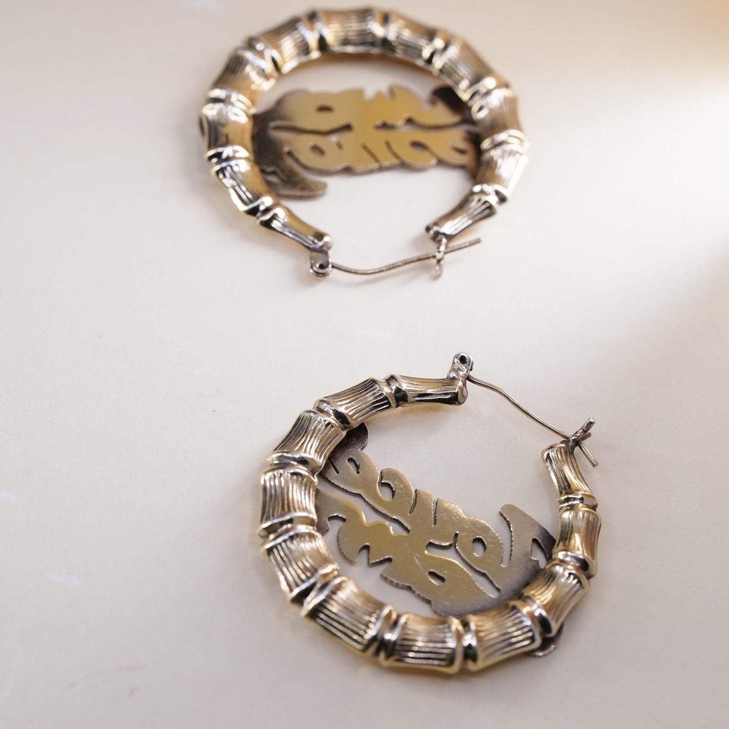 1.5", vermeil gold over sterling silver earrings, textured bamboo hoops Joyce