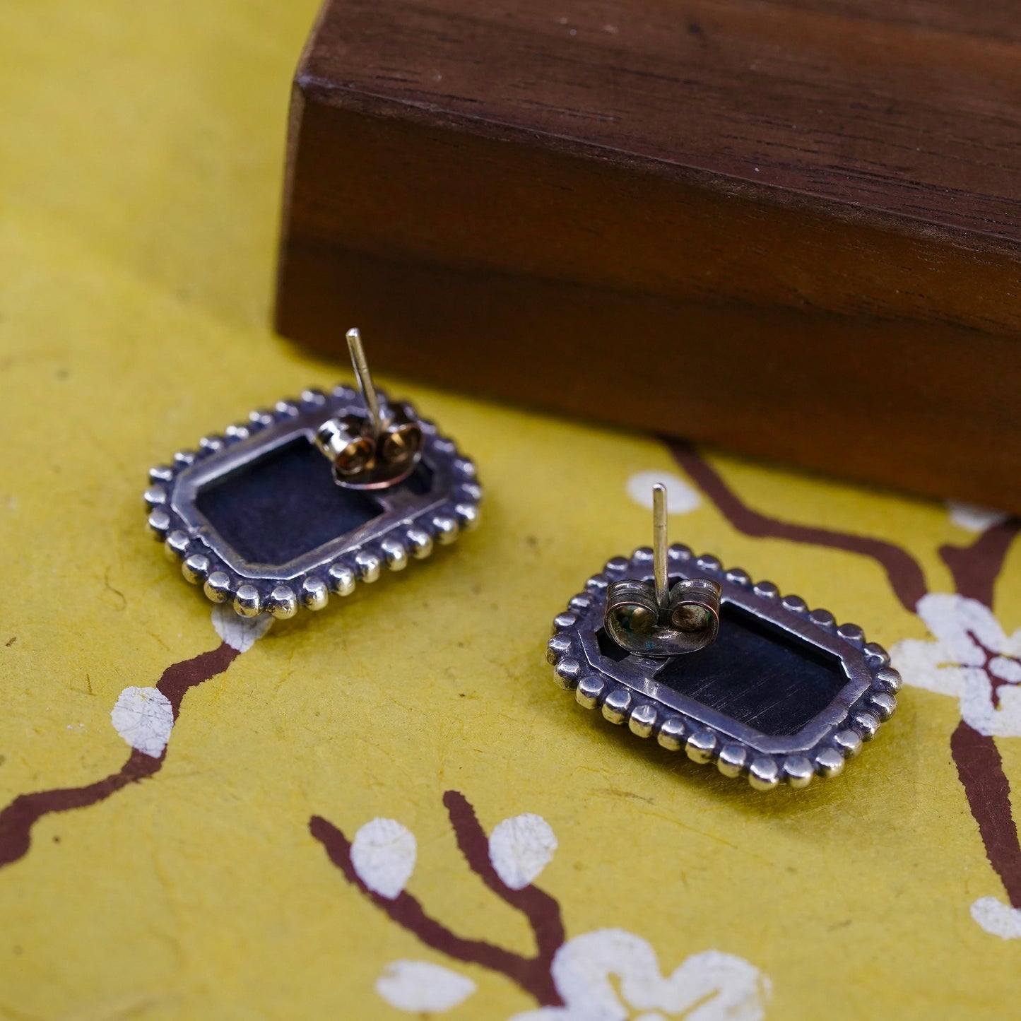 Vintage Sterling 925 silver handmade rectangular studs earrings with onyx beads