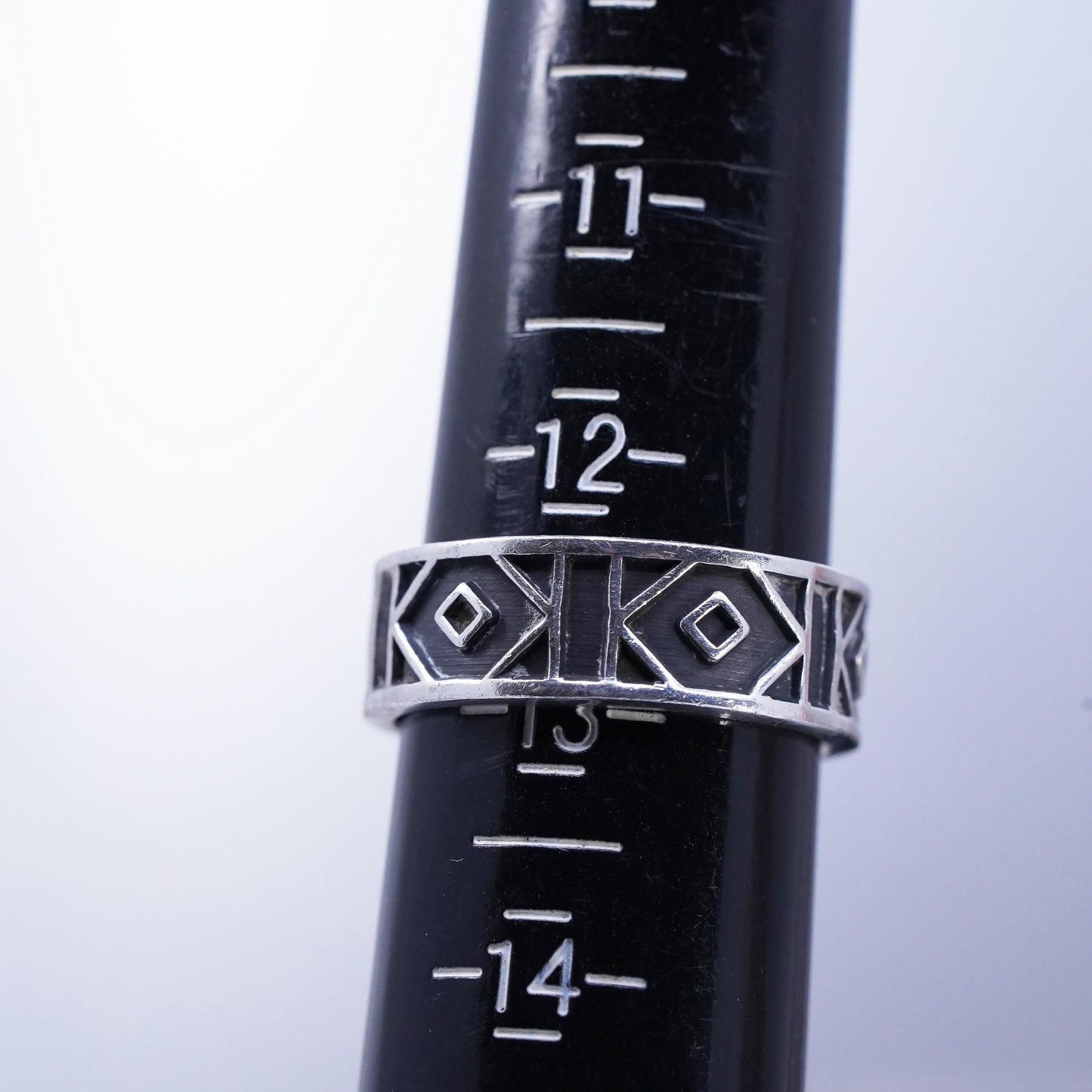 SZ 12.5, Vintage Mexican Oxidized Sterling Silver Geometric Band Ring Modernist