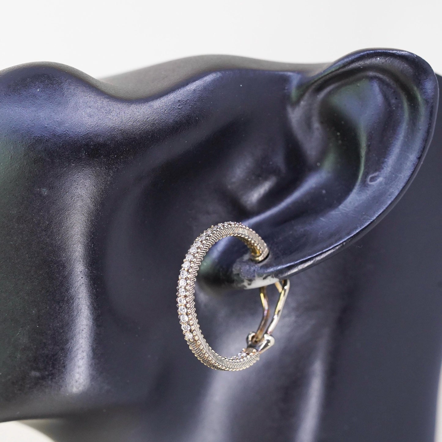 1", Judith Ripka gold plated sterling silver earrings, 925 textured hoops Cz