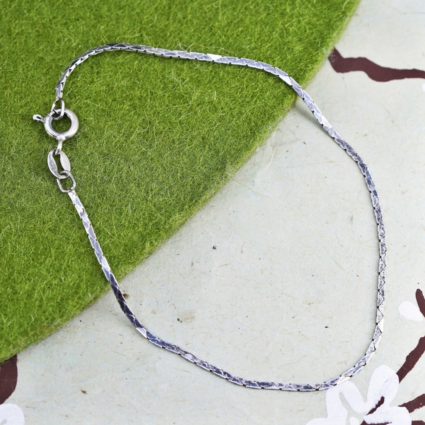 7.5", 1mm, Vintage sterling silver bracelet, Italy 925 square snake chain
