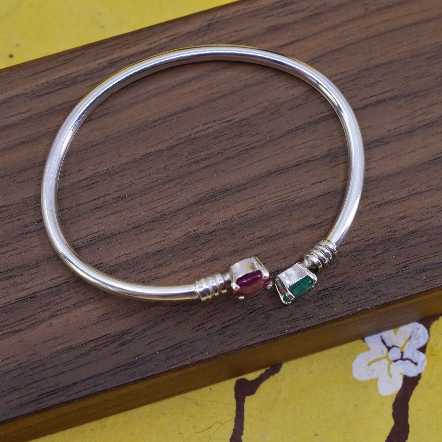 6.5", modern Sterling silver bracelet, 925 wrap bangle with ruby and emerald