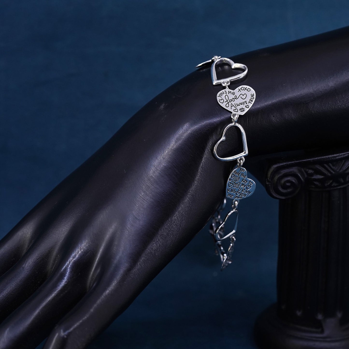 8”, vintage Sterling 925 Silver heart link bracelet embossed “I love you”