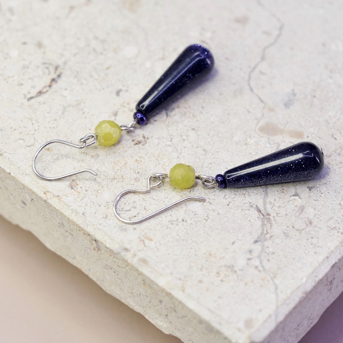 vintage sterling silver 925 teardrop blue goldstone earrings with jade beads