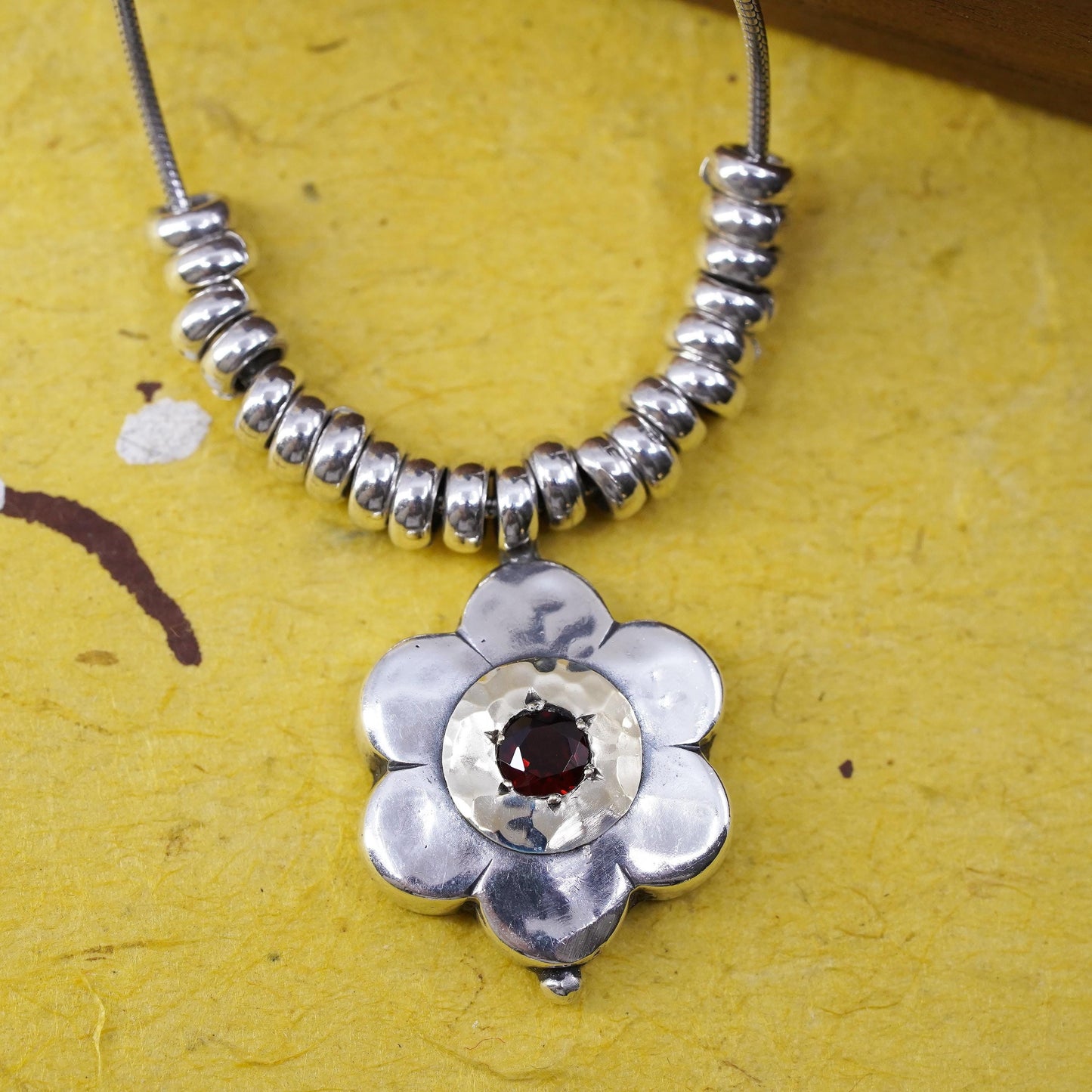 18” Vintage 14K flower Sterling silver pendant, 925 snake chain necklace beads