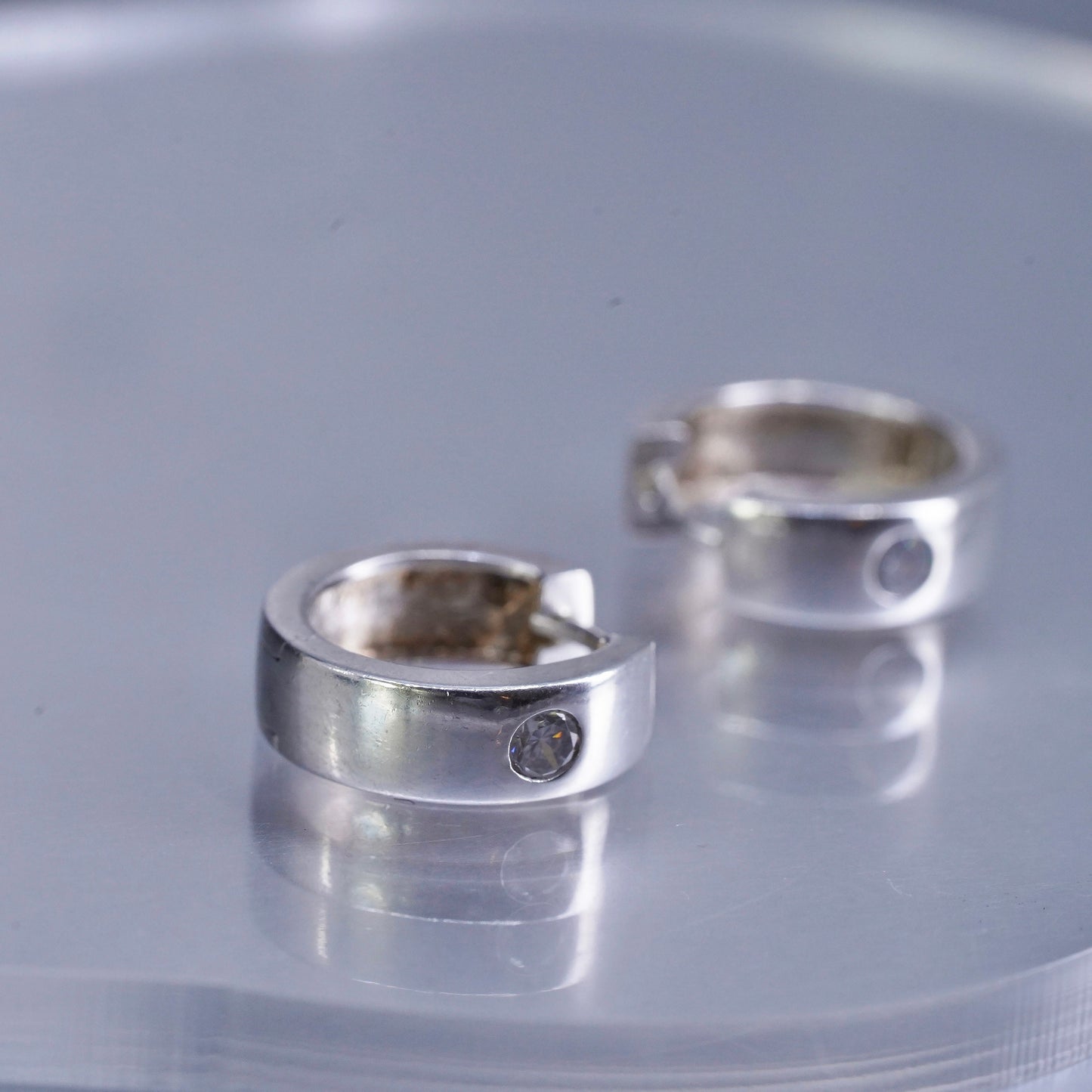 0.5”, vintage Sterling silver handmade earrings, 925 Huggie hoops with Cz