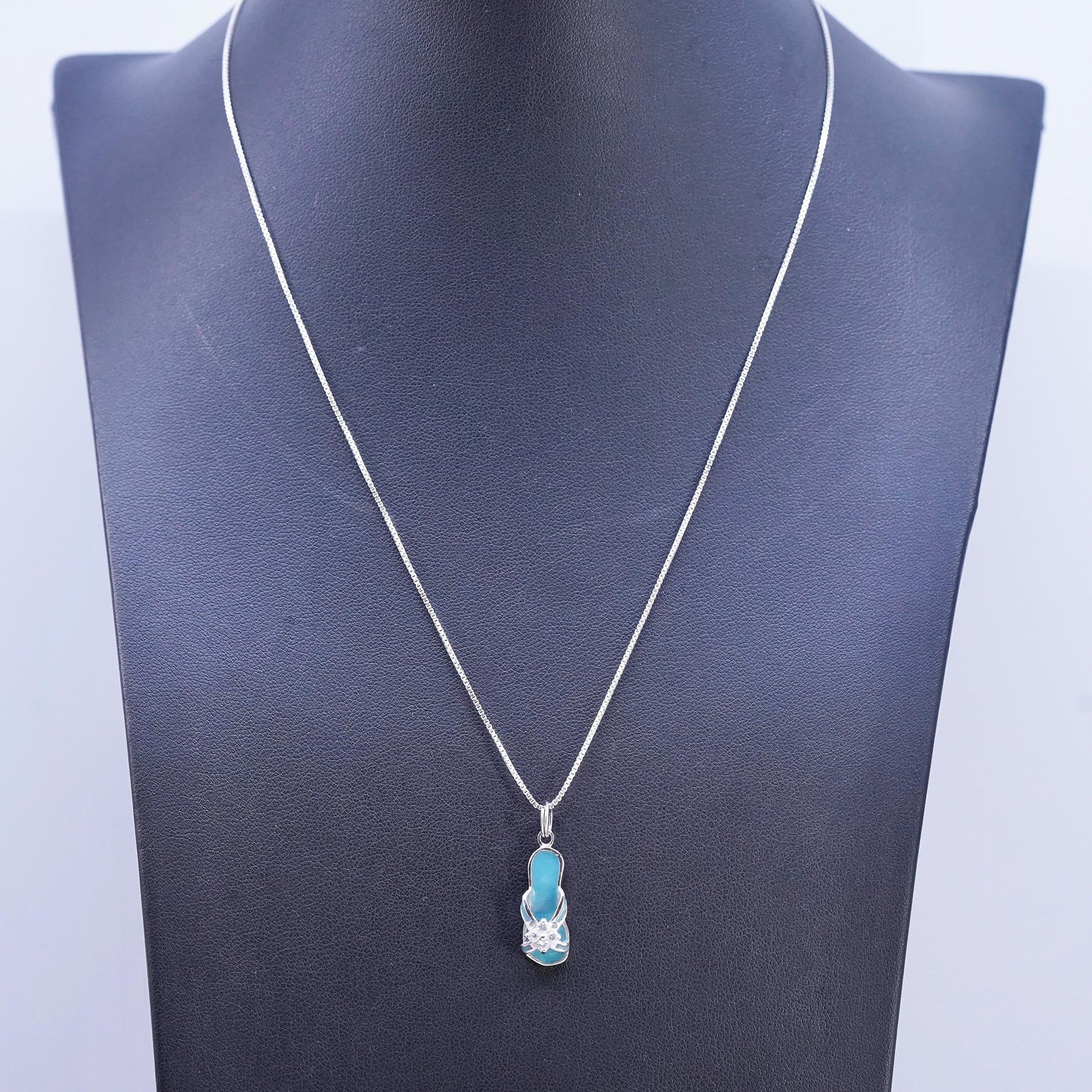 18", vintage Sterling silver necklace, 925 box chain blue enamel sandal pendant