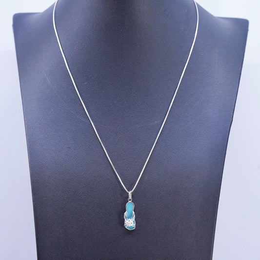 18", vintage Sterling silver necklace, 925 box chain blue enamel sandal pendant