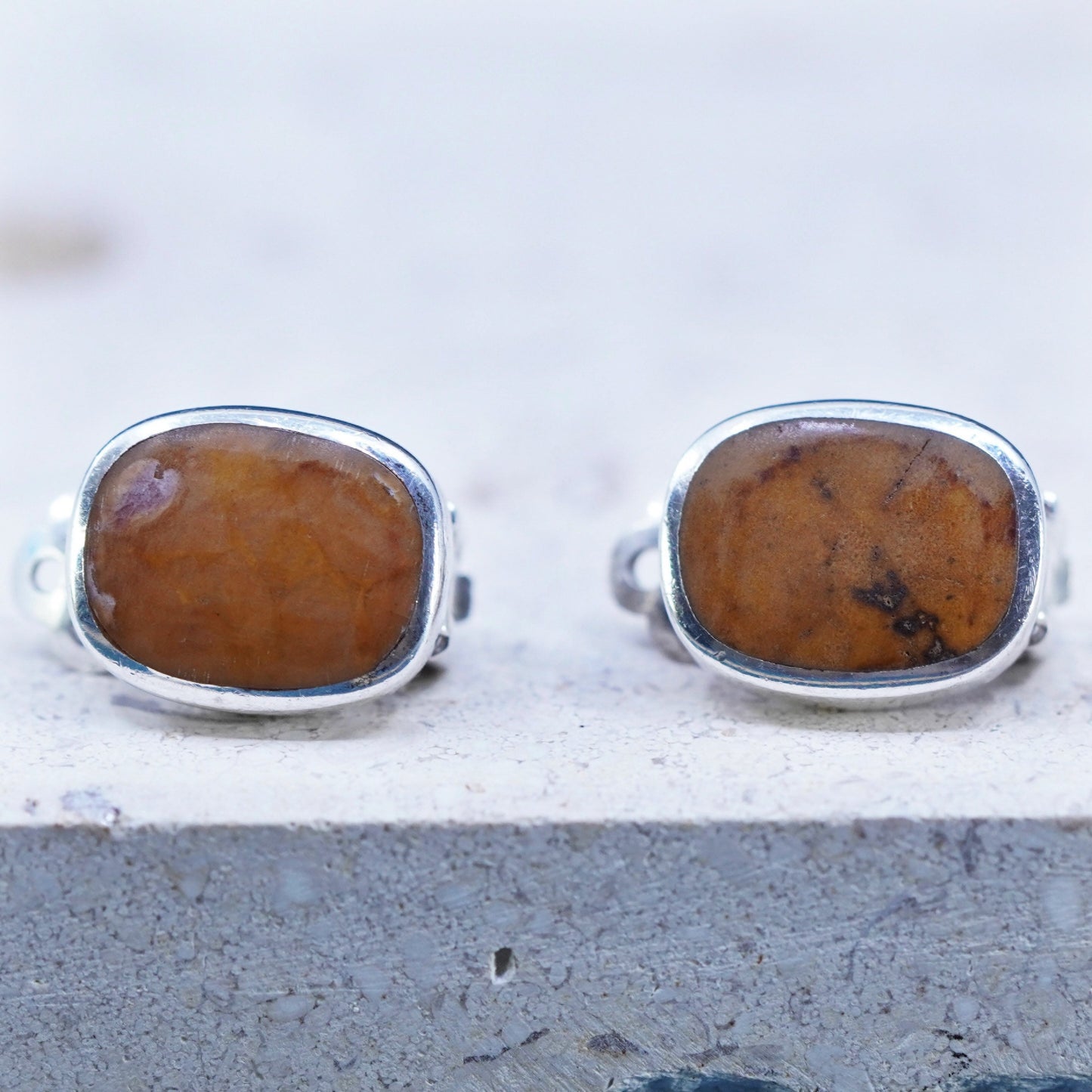Vintage PB sterling silver handmade earrings, 925 square clip on with jasper