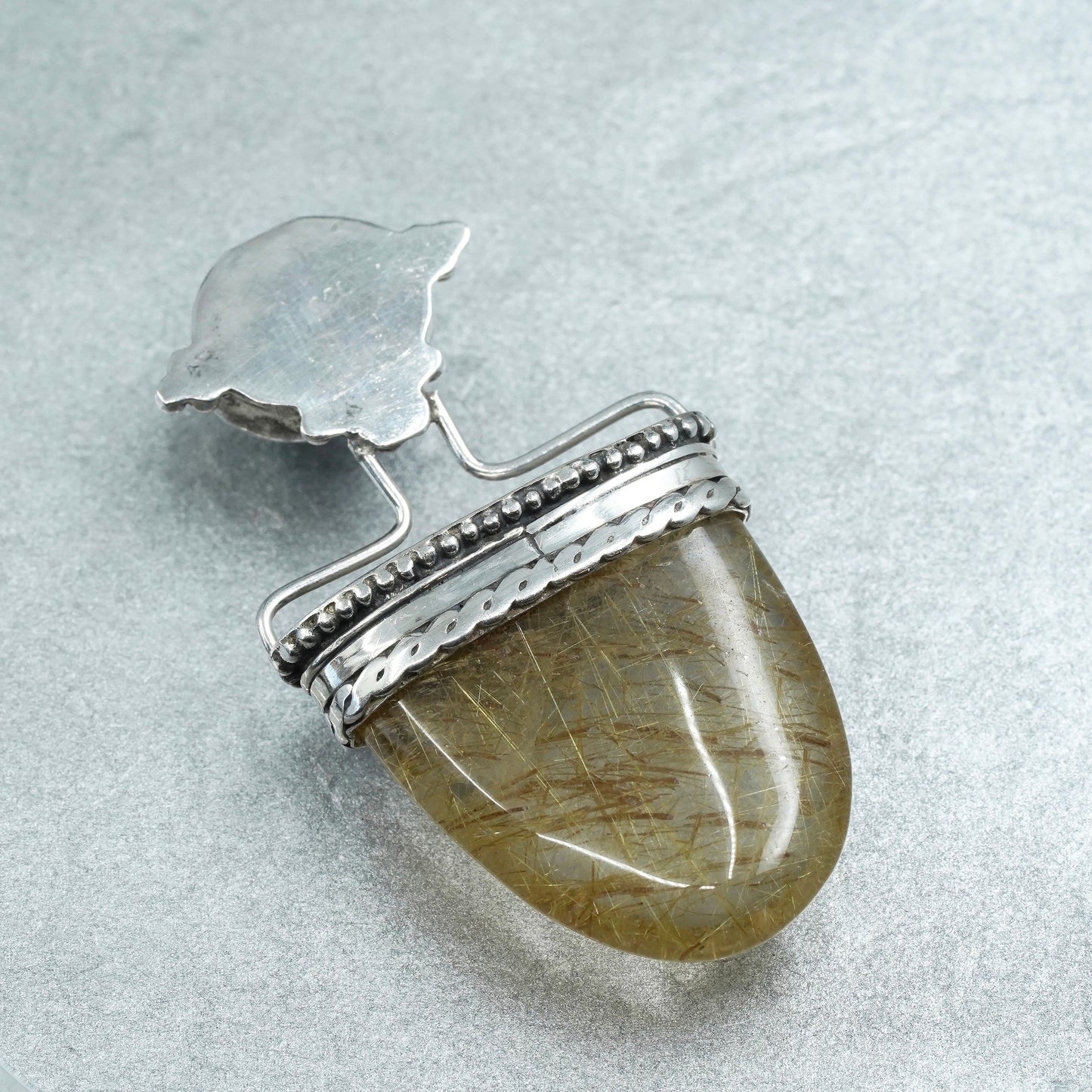 Vintage sterling 925 silver handmade pendant with rutilated quartz and onyx