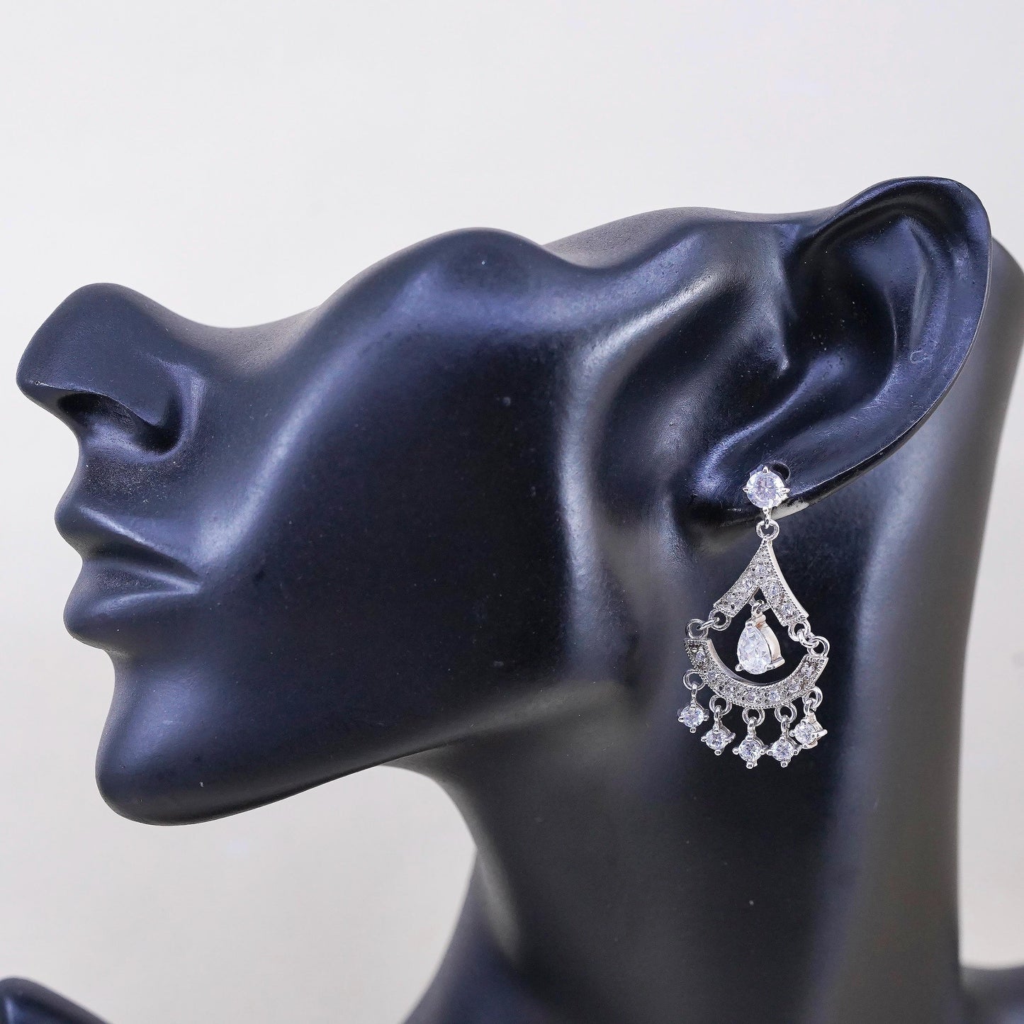 925 Sterling Silver Cluster CZ Chandelier Earrings, Teardrop Wedding Dangles
