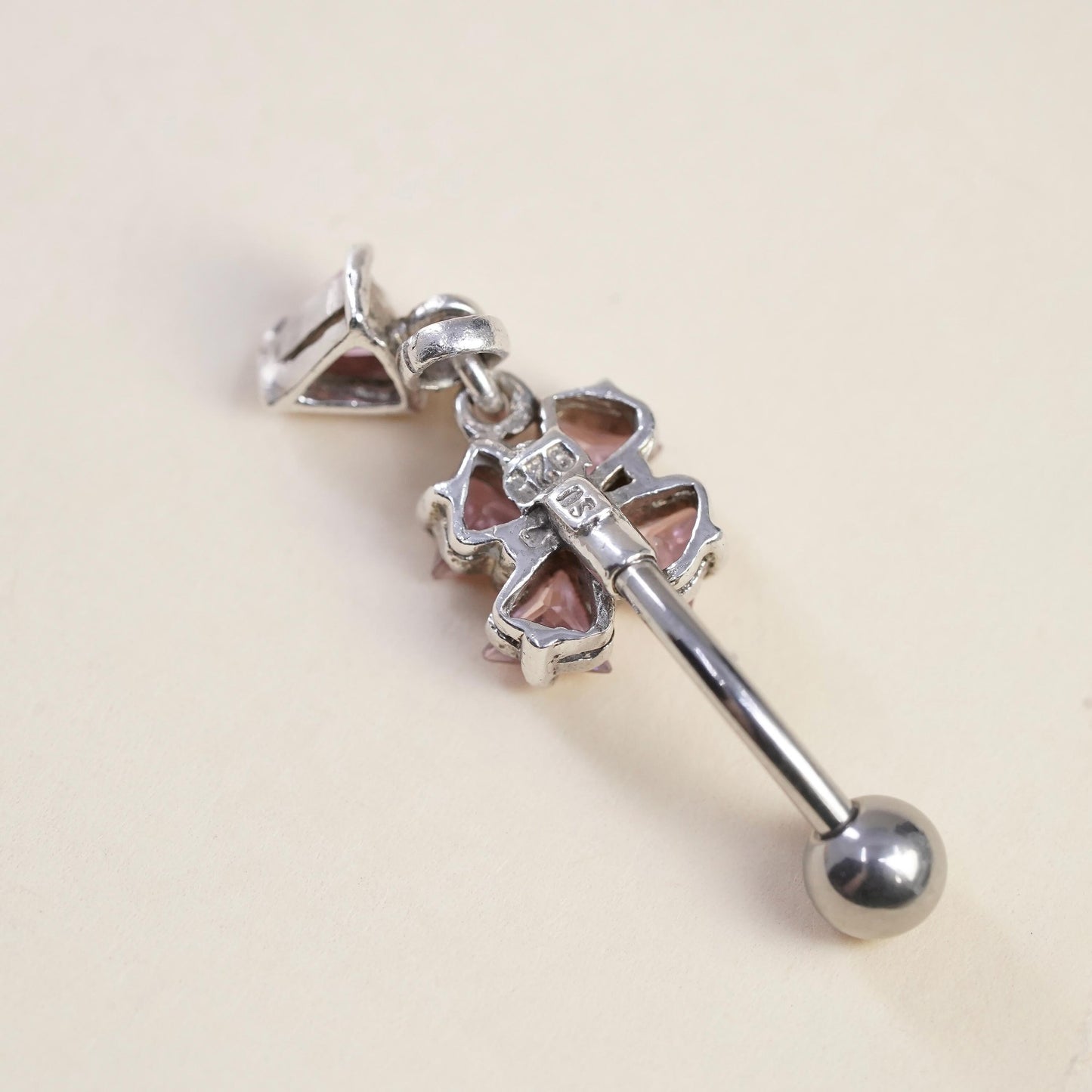 925 Sterling Silver Pink CZ Belly Button Ring Dangle Navel Piercing Body