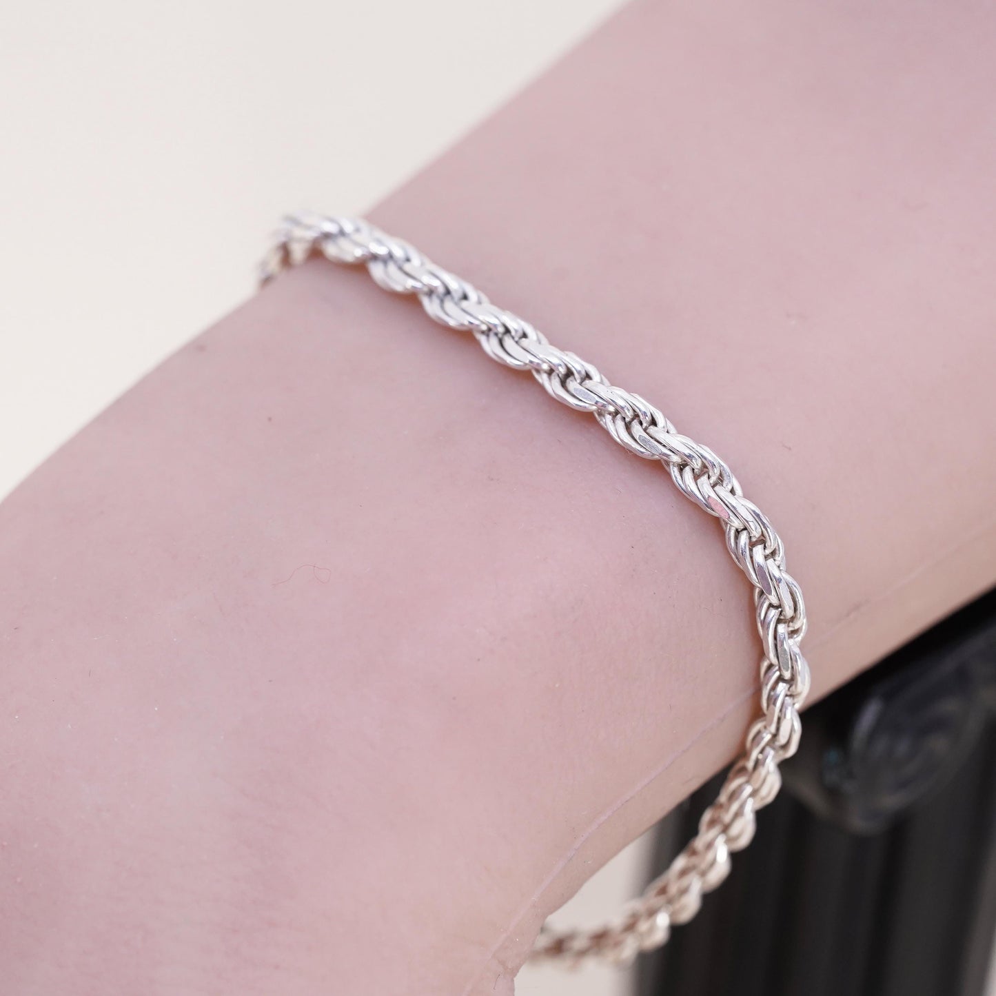 7" 3mm, Vintage Italian sterling 925 silver diamond cut rope chain bracelet