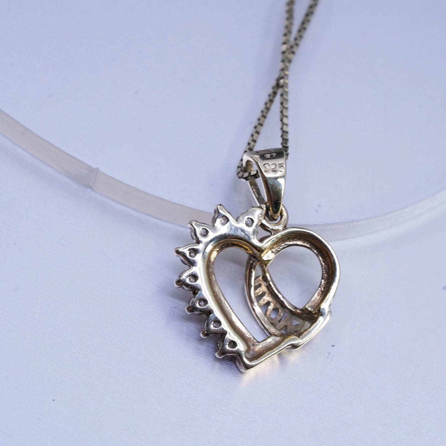 18", gold plated Sterling 925 silver box necklace cz heart pendant mom cutout
