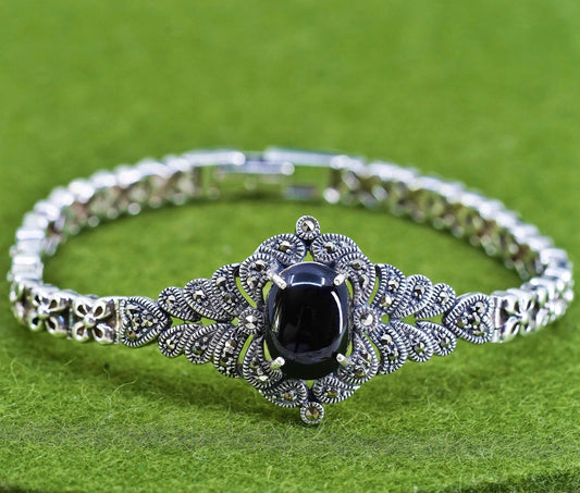 7”, vintage Sterling 925 Silver chain, tennis Bracelet with marcasite and onyx