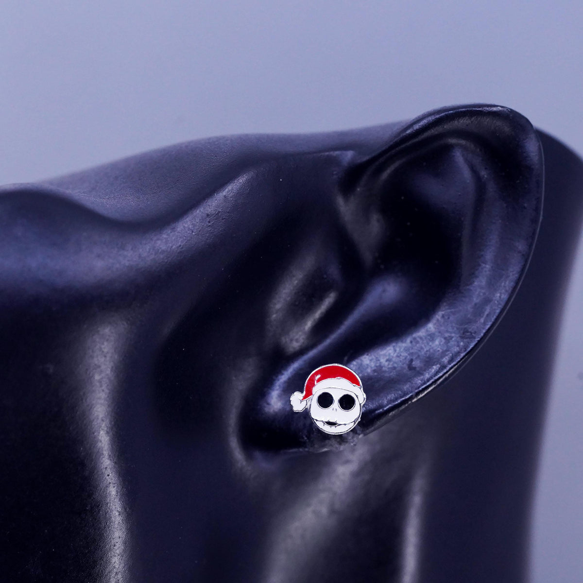 Jack Santa Hat Earrings, Christmas Skeleton Enamel Sterling 925 Silver Studs