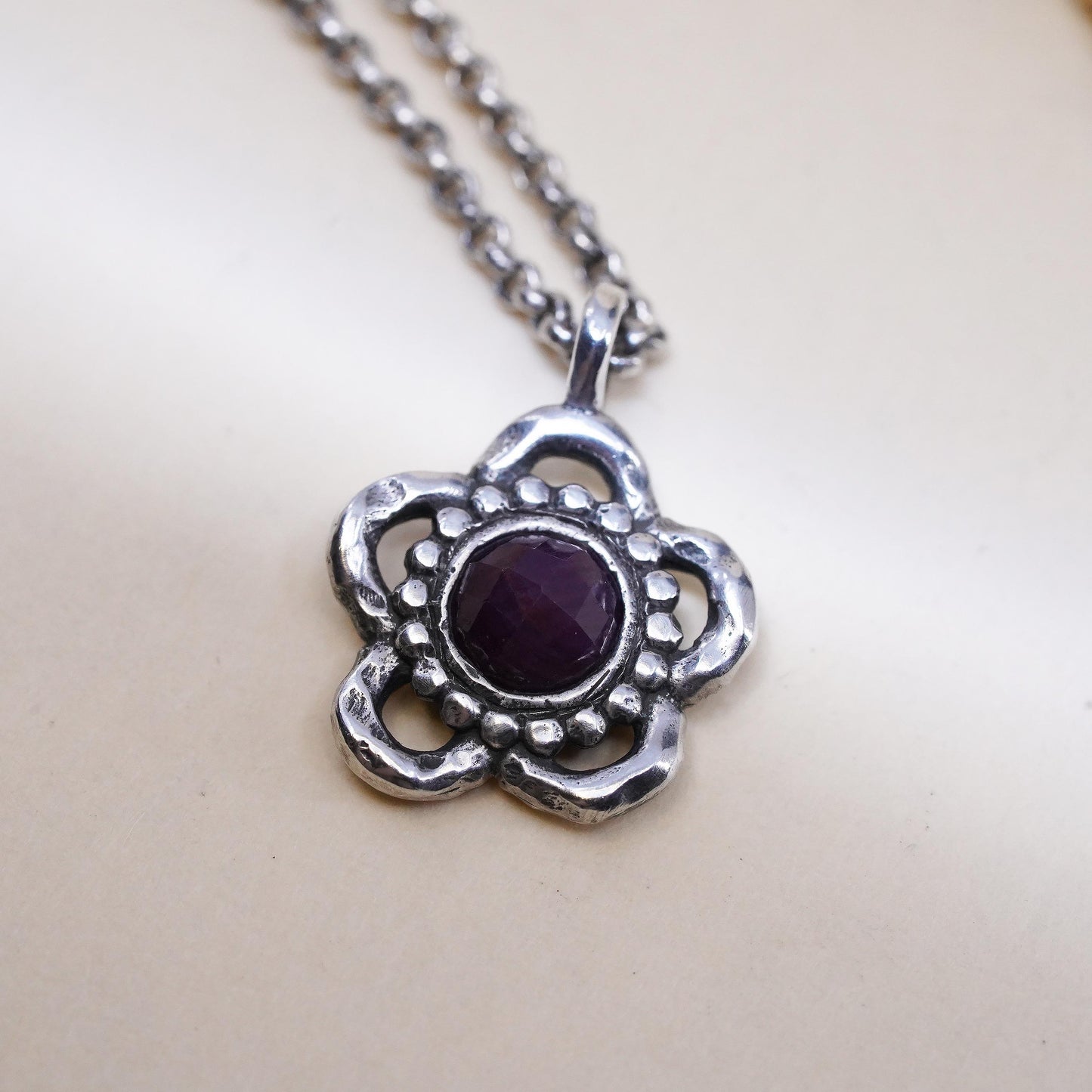 17", sterling silver necklace, 925 round box chain natural ruby flower pendant